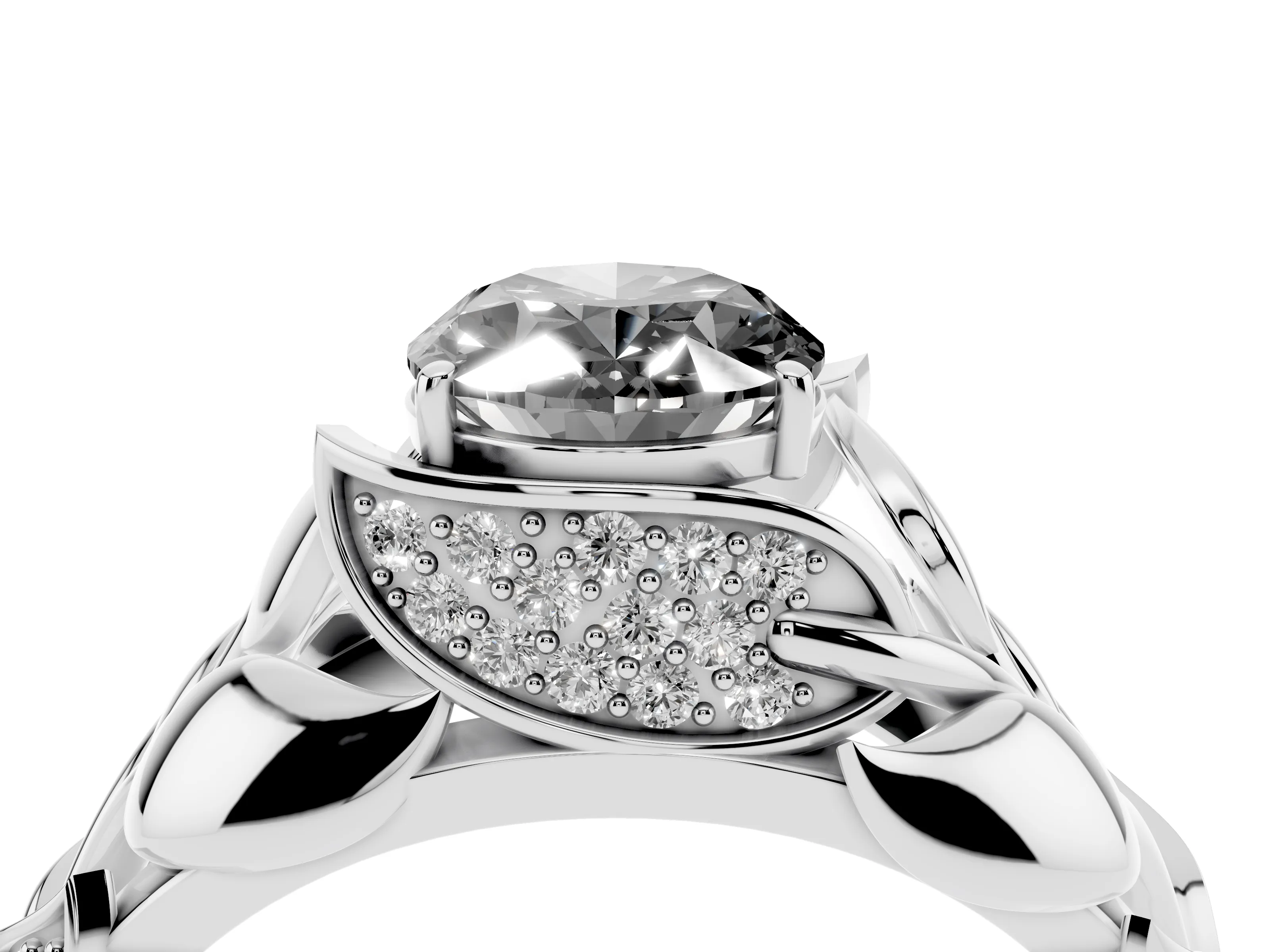 Fancy Black Oval Cut Diamond Leaf-Inspired Engagement Ring Set in White gold with Round Accents