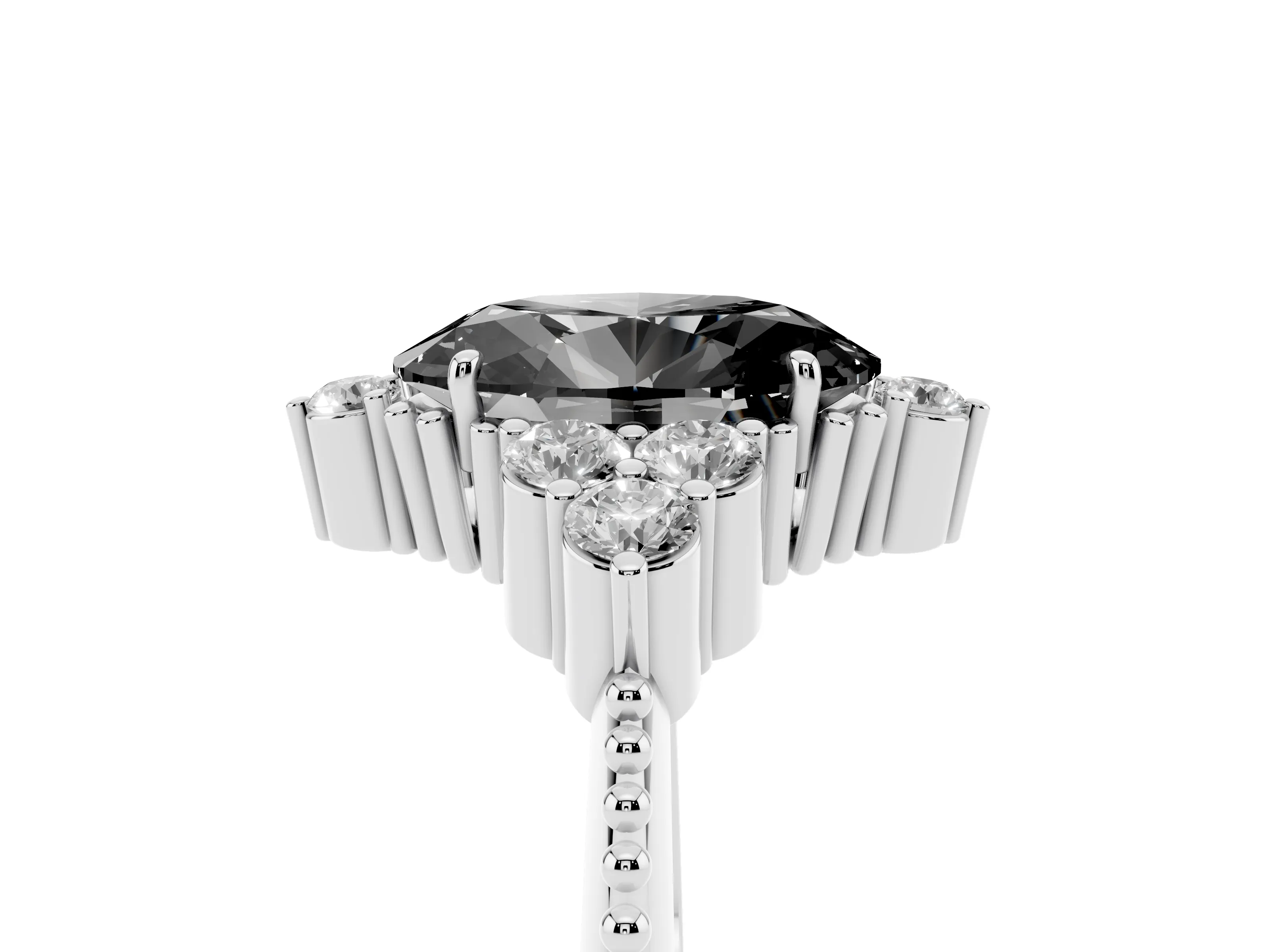 Fancy Black Oval Cut Diamond Cluster Ring Set in Silver with Beaded Band