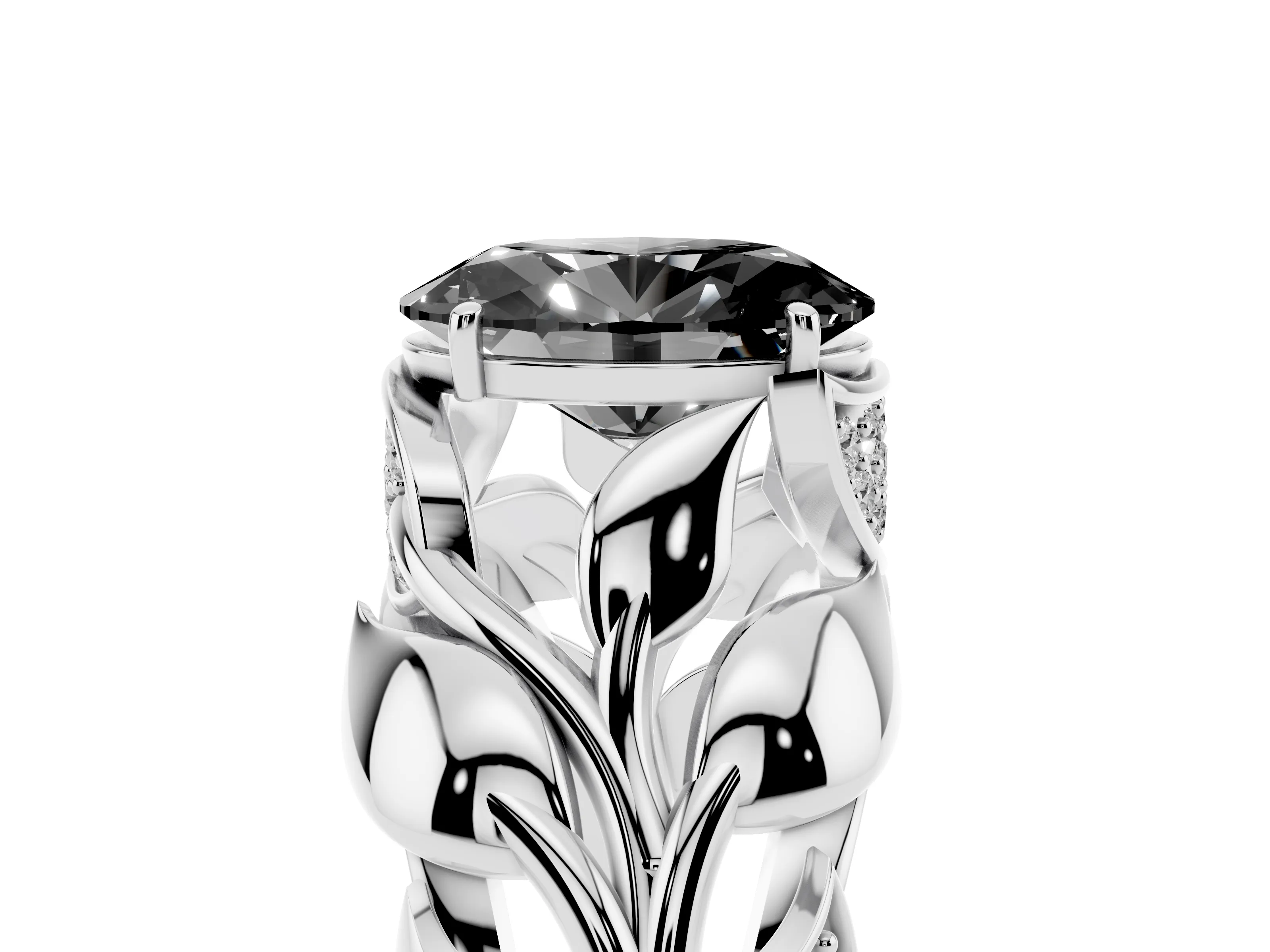 Fancy Black Oval Cut Diamond Leaf-Inspired Engagement Ring Set in White gold with Round Accents