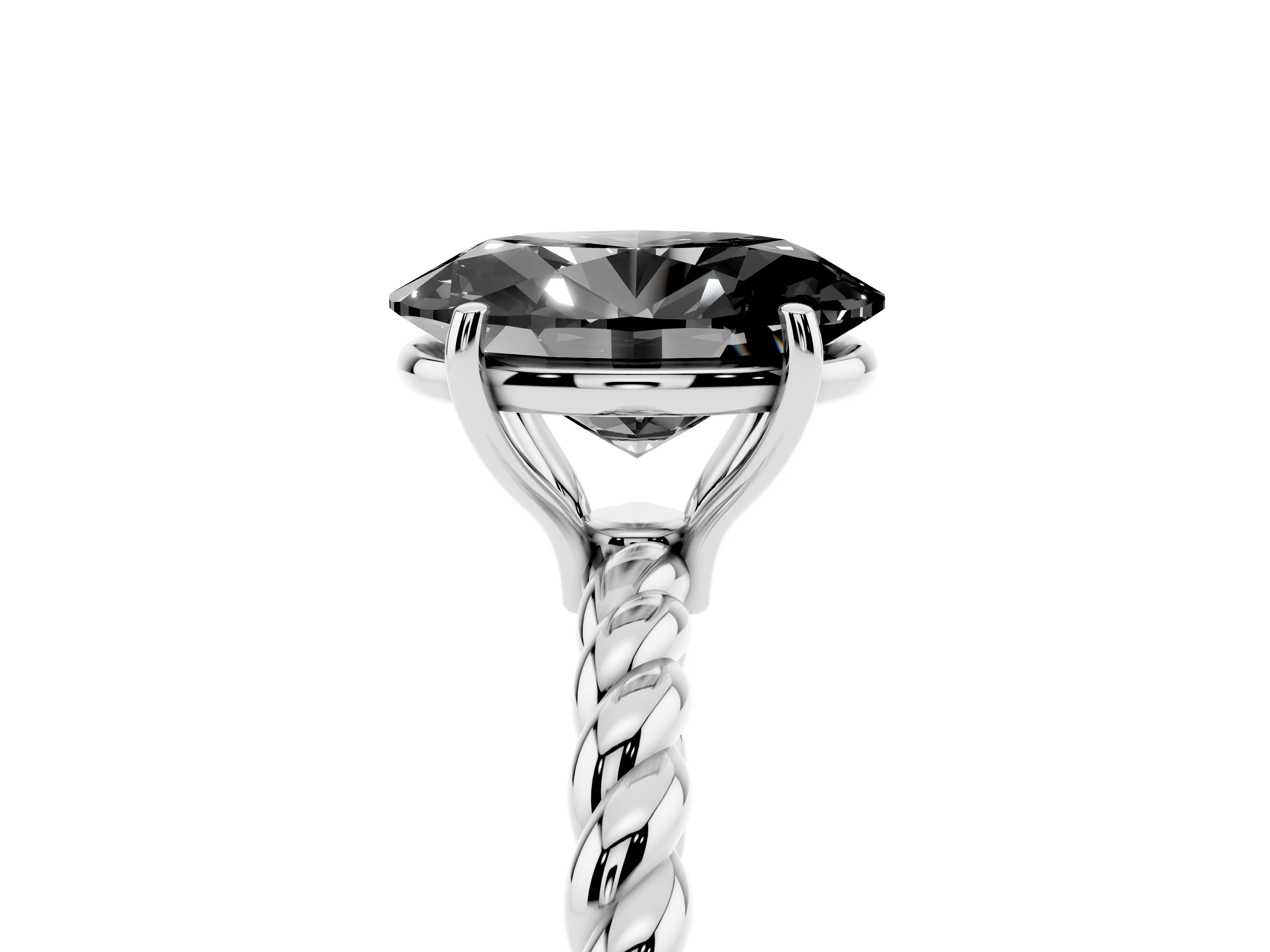 Fancy Black Oval Cut Diamond Solitaire Twisted Band Ring Set in White gold with Prong Solitaire Setting