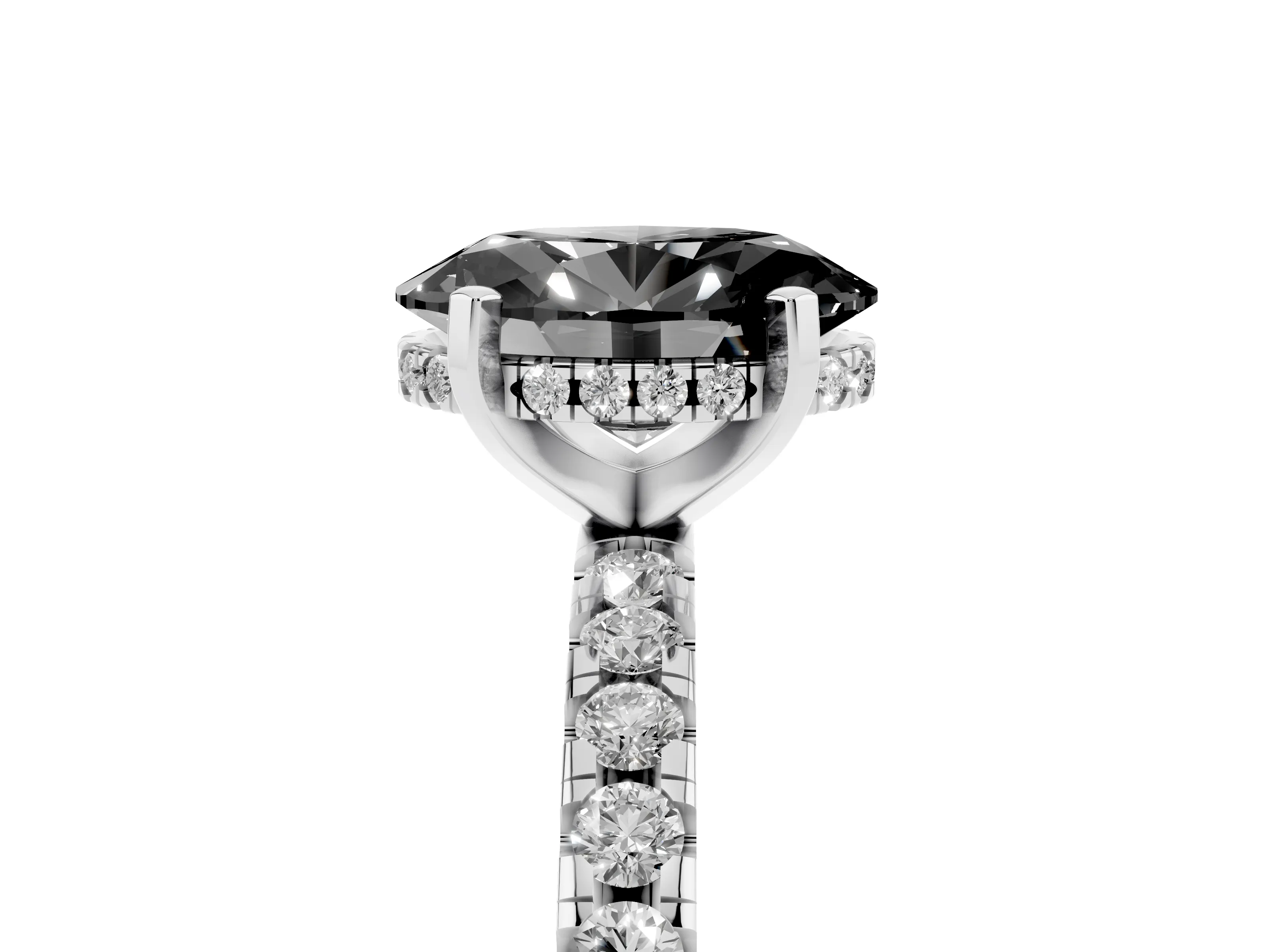 Fancy Black Oval Cut Diamond Pavé Solitaire Ring Set in Silver with Round Band Accents and Prong Setting