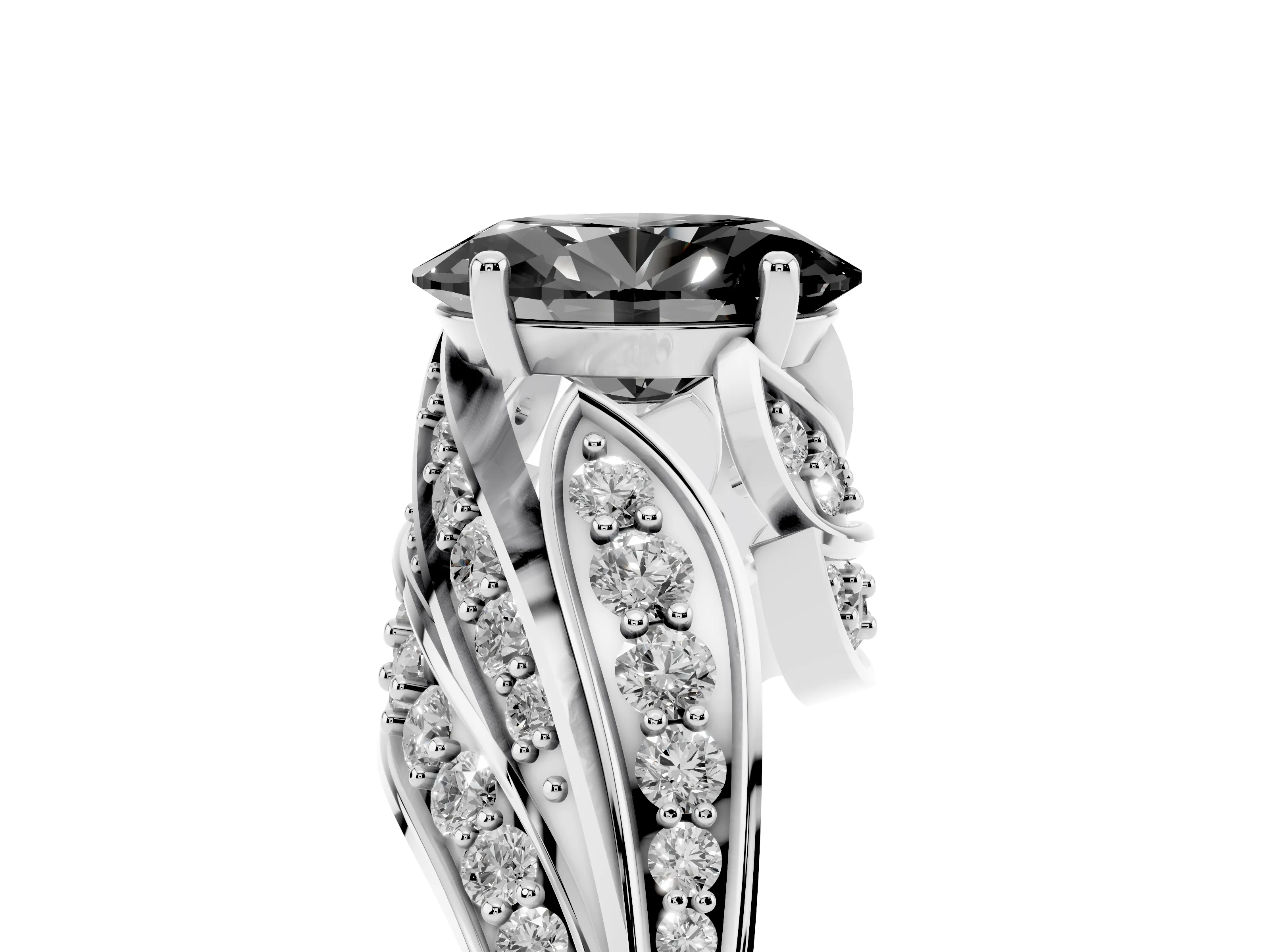 Fancy Black Oval Cut Diamond Solitaire Ring Set in White gold with Layered Twist Pavé Band