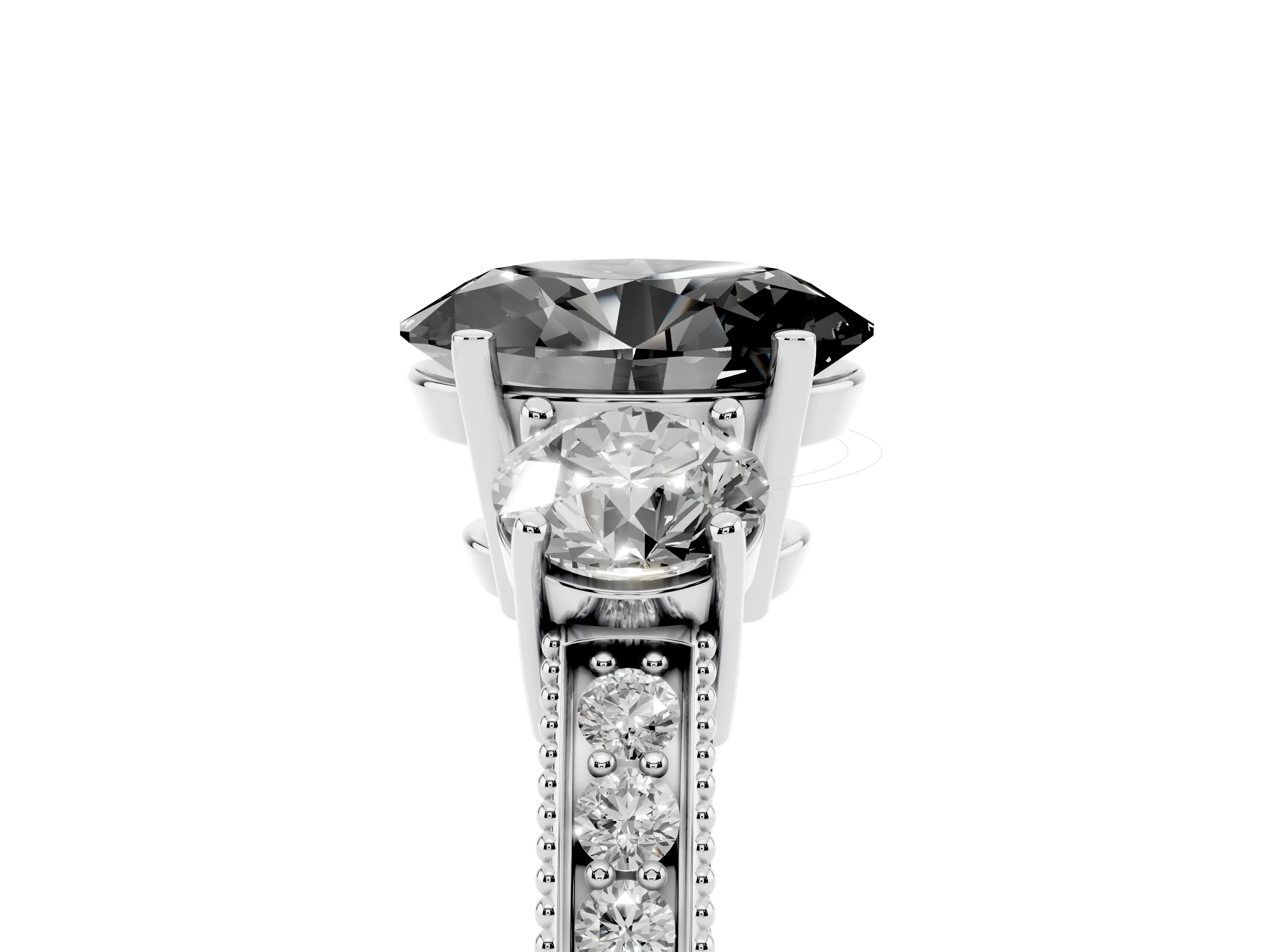 Fancy Black Oval Cut Diamond Three-Stone Ring Set in Silver with Round Side Stones and Pavé Band