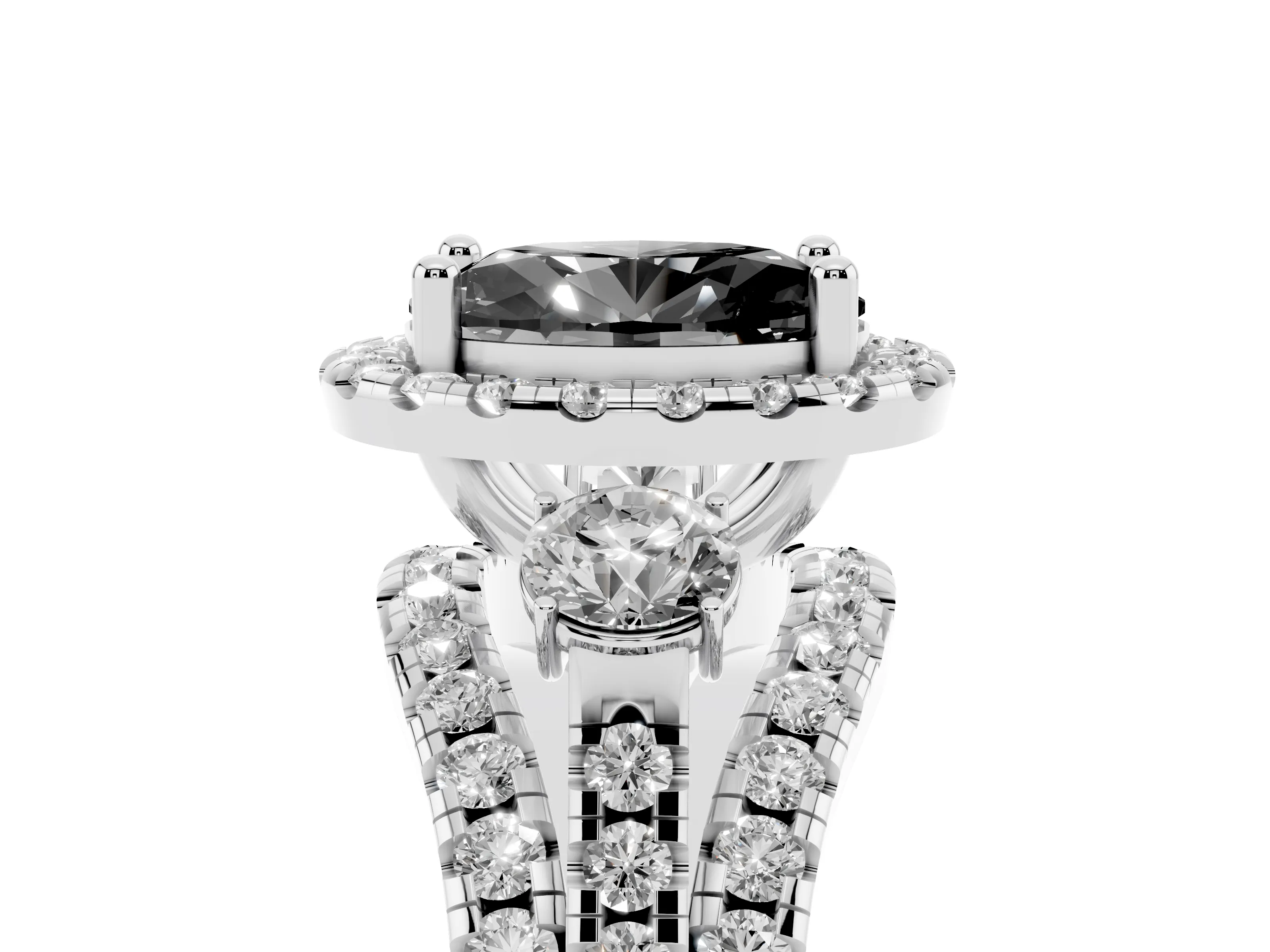Fancy Black Oval Cut Diamond Halo Split Shank Ring Set in Platinum with Round Accent Stones and Prong Setting