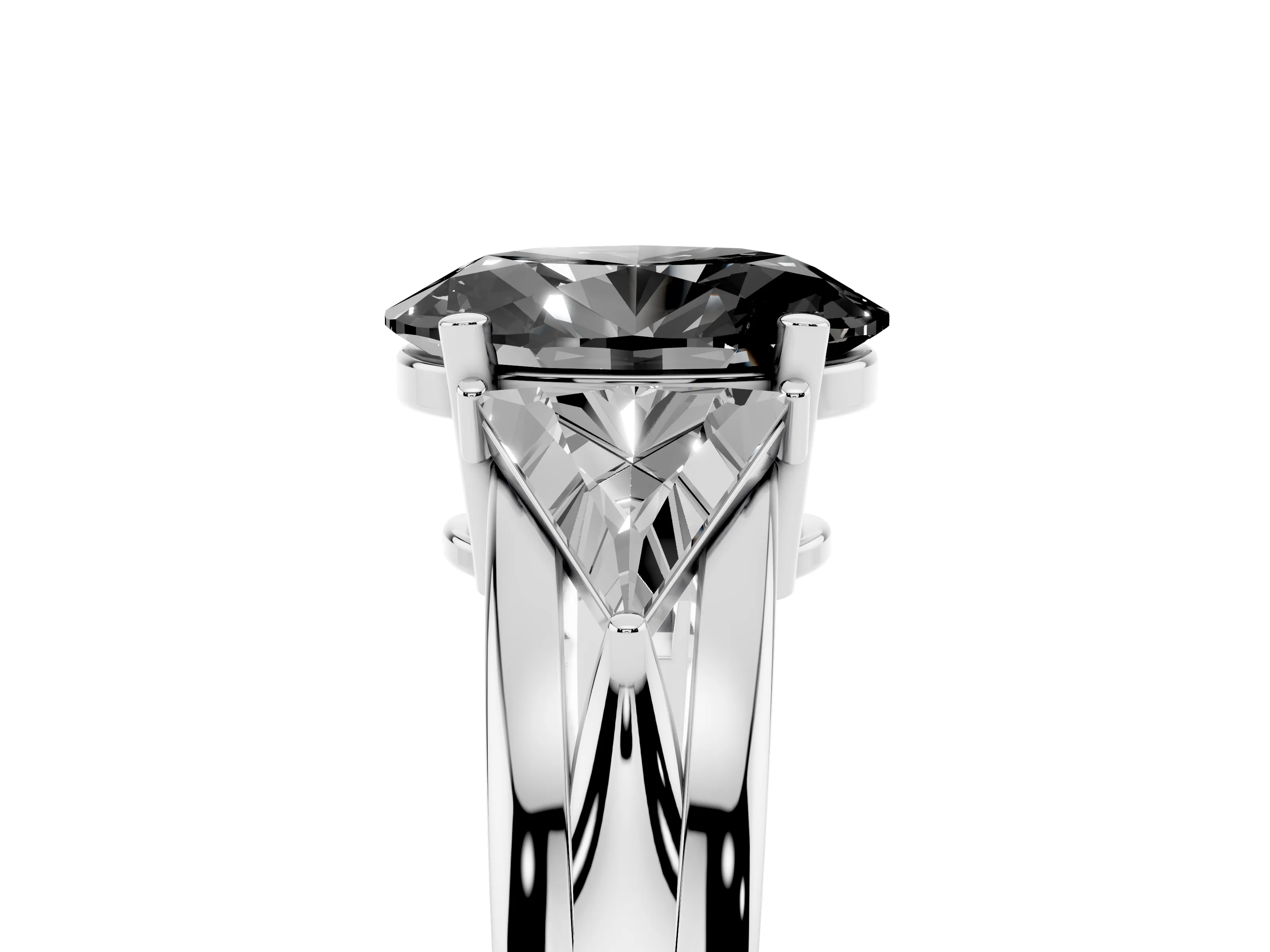 Fancy Black Oval Cut Diamond Three-Stone Ring Set in White gold with Trillion Side Stones and Split Shank