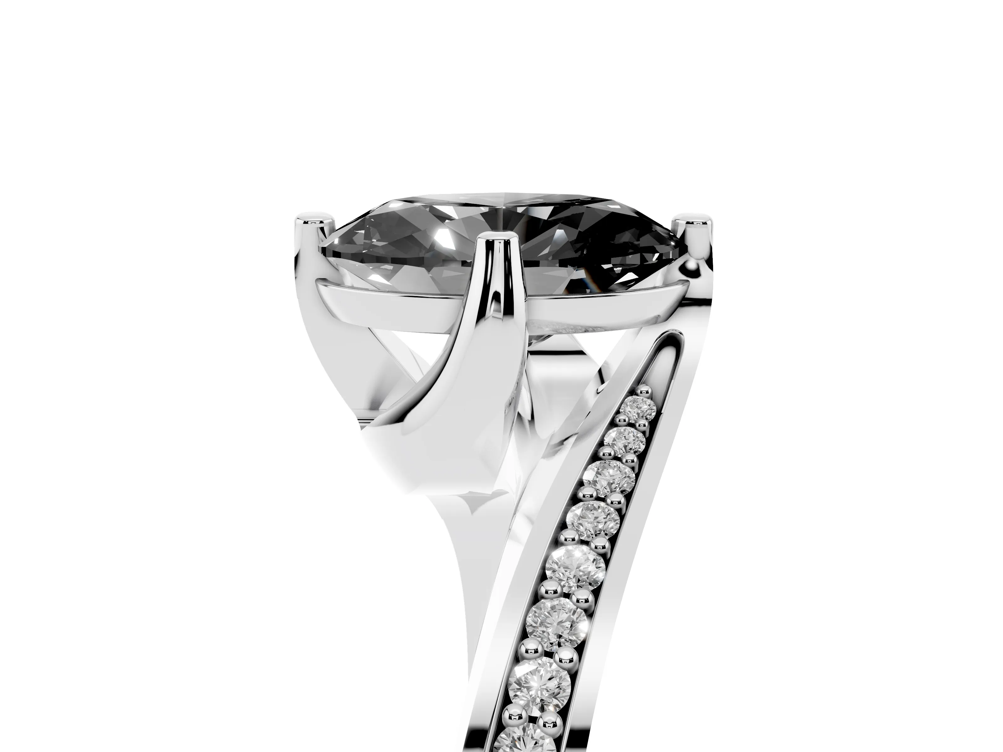 Fancy Black Oval Cut Diamond Solitaire Ring Set in White gold with Intertwined Pavé Twist Band