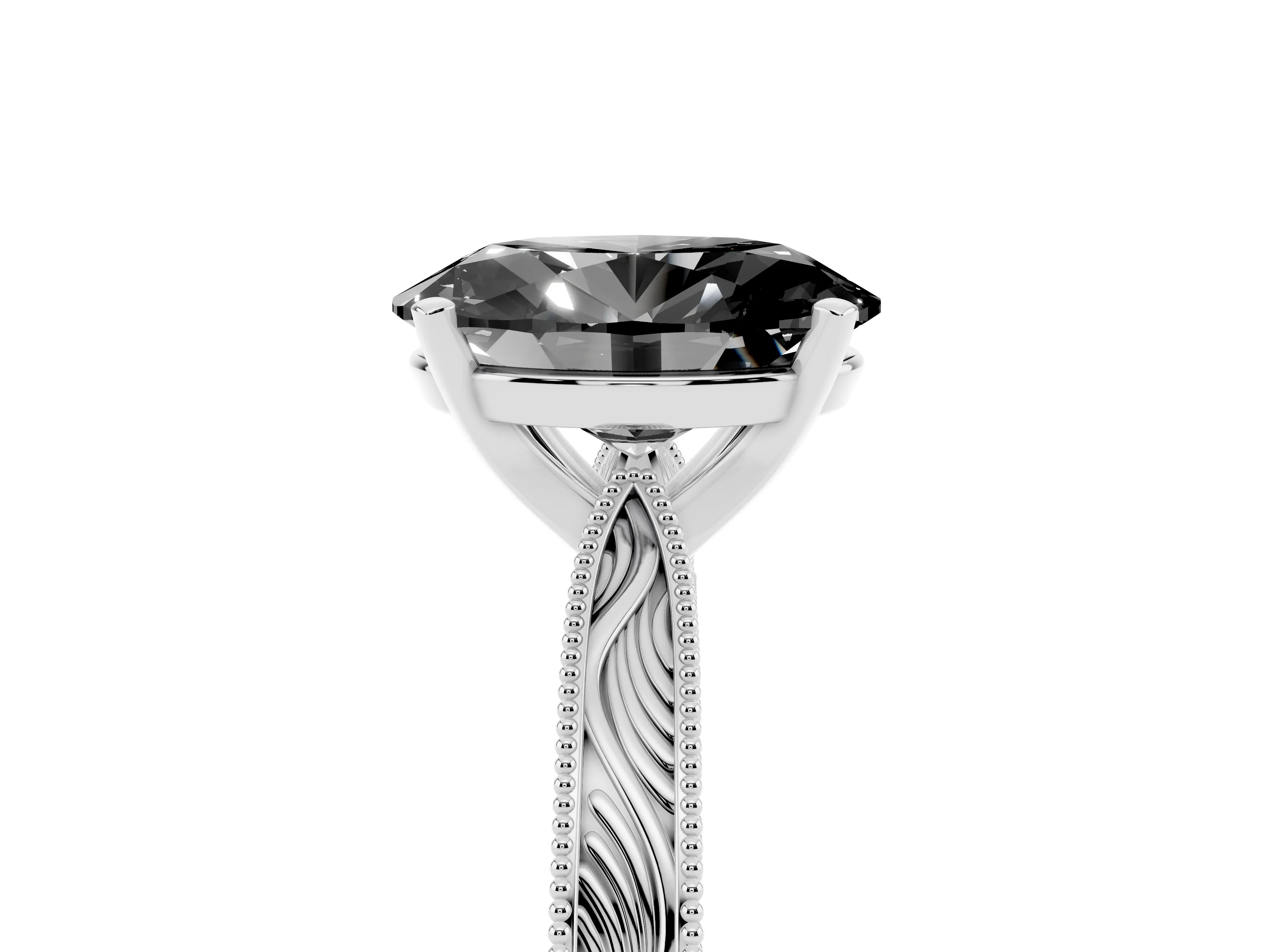 Fancy Black Oval Cut Diamond Solitaire Milgrain Engraved Band Set in Platinum with Prong Setting