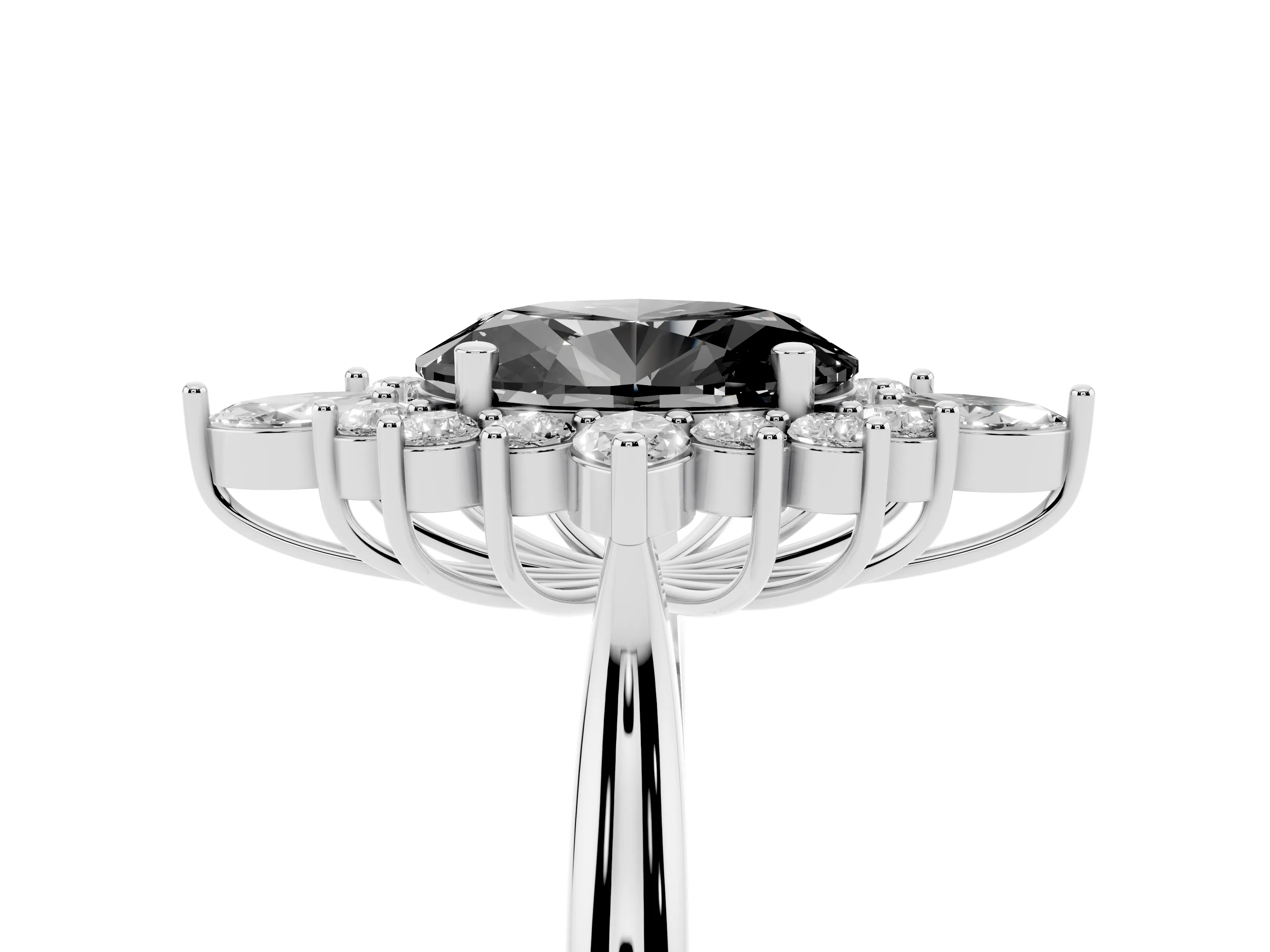 Fancy Black Oval Cut Diamond Cluster Halo Ring Set in Platinum with Marquise and Round Accents