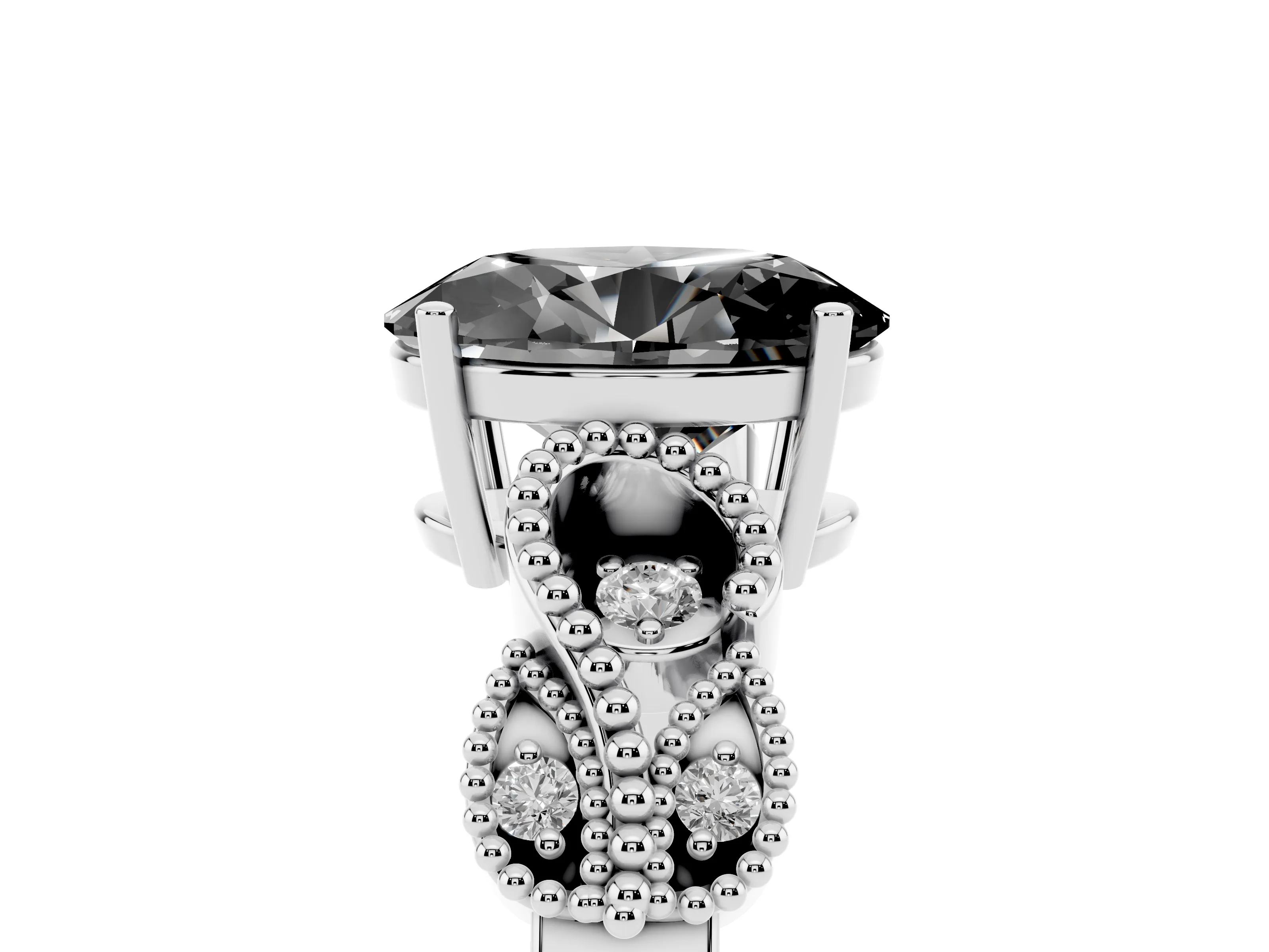 Fancy Black Oval Cut Diamond Milgrain Leaf Band Solitaire Ring Set in White gold with Accent Stones and Prong Setting