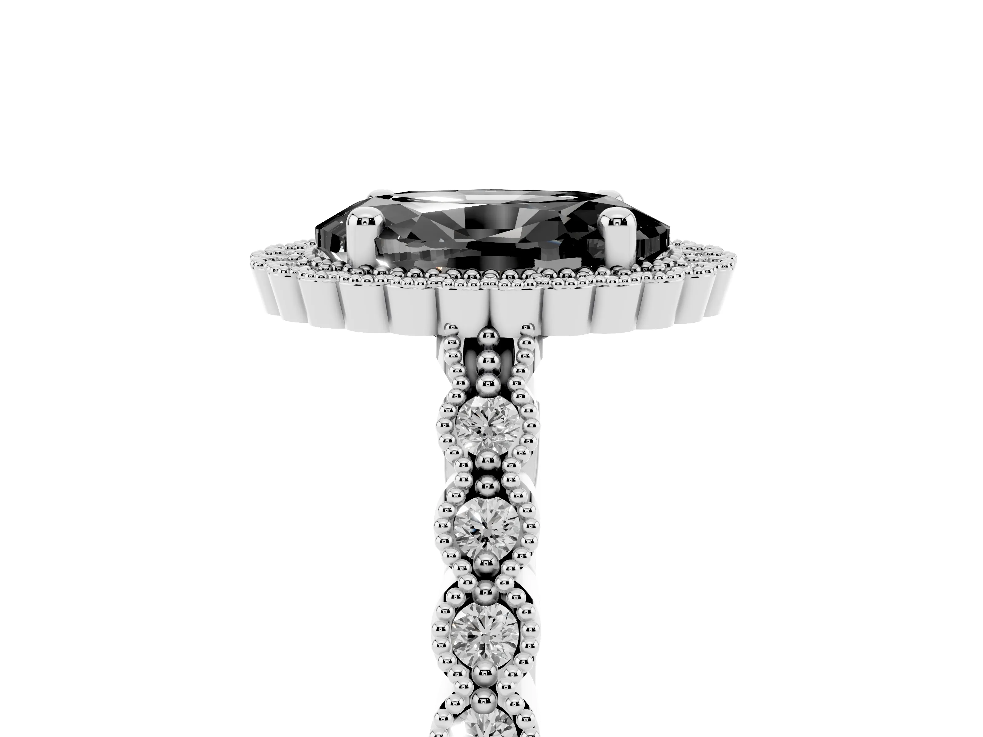 Fancy Black Oval Cut Diamond Halo Ring Set in Platinum with Pavé Milgrain Band