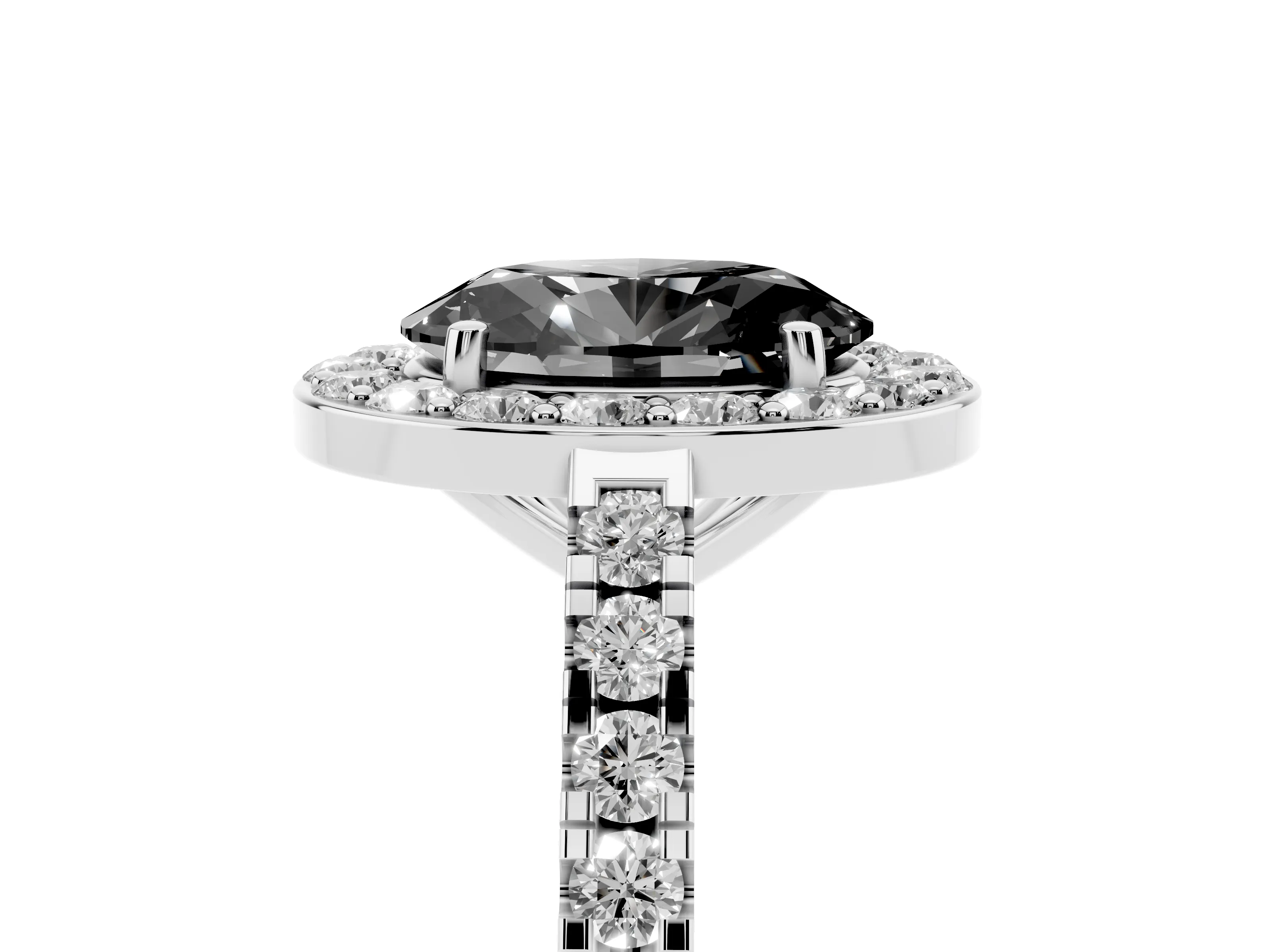 Fancy Black Oval Cut Diamond Halo Ring Set in Silver with Round Pavé Split Shank and Prong Setting