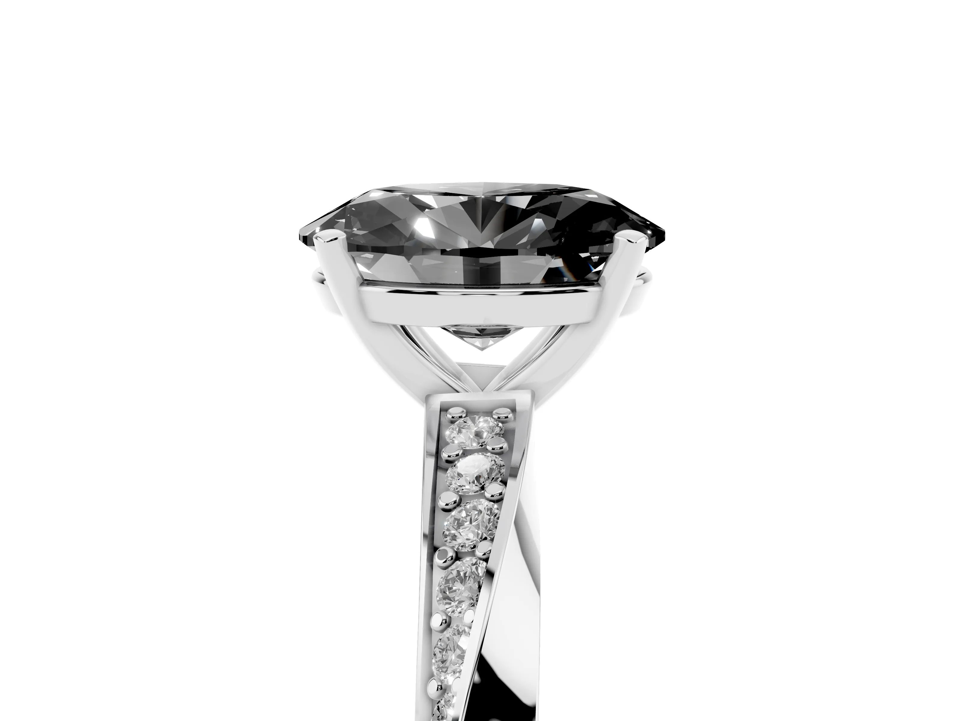 Fancy Black Oval Cut Diamond Engagement Ring Set in Silver with Side Stone Accents and Prong Setting