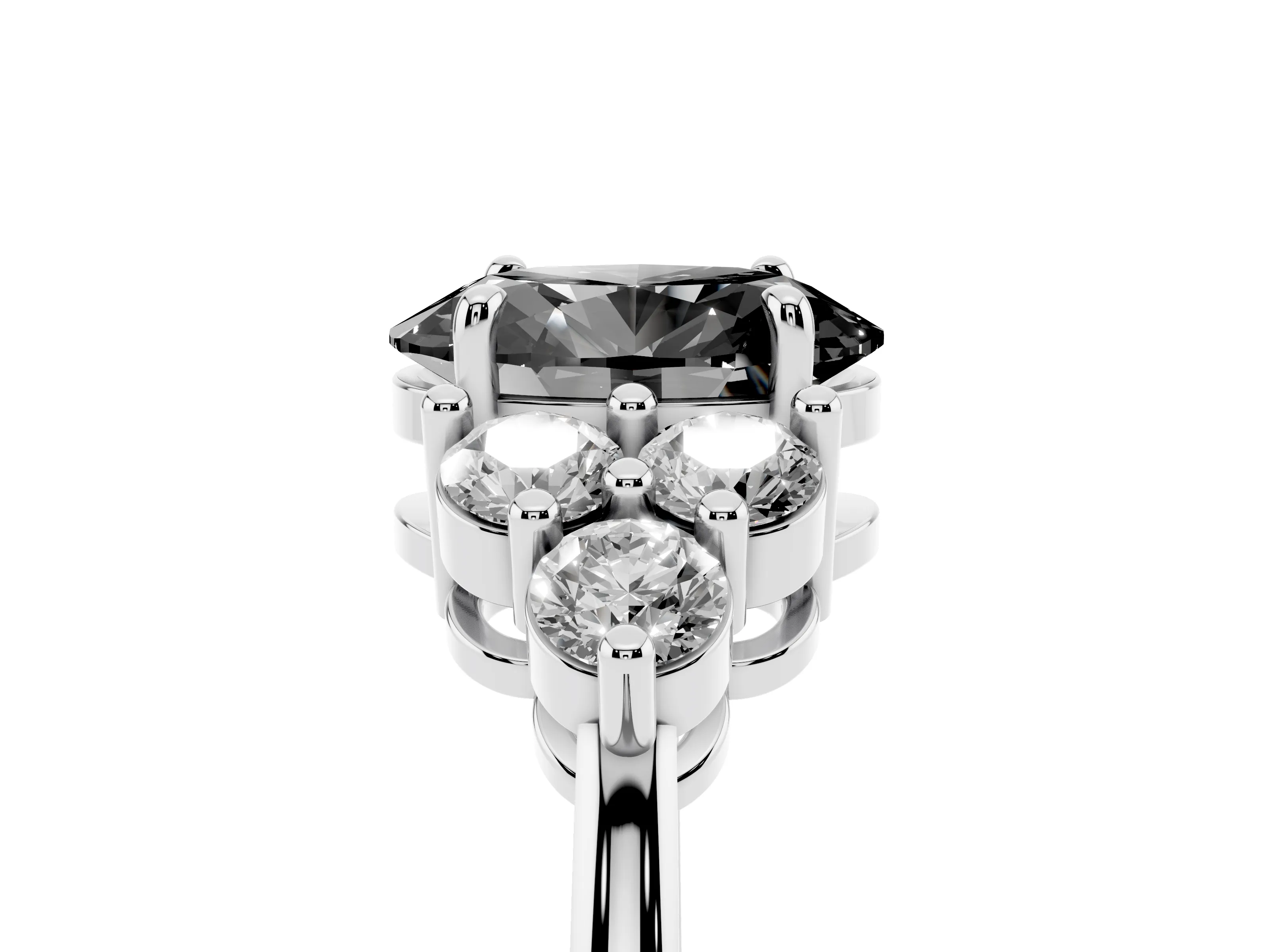 Fancy Black Oval Cut Diamond Solitaire Ring Set in Silver with Cluster Accents on Each Side
