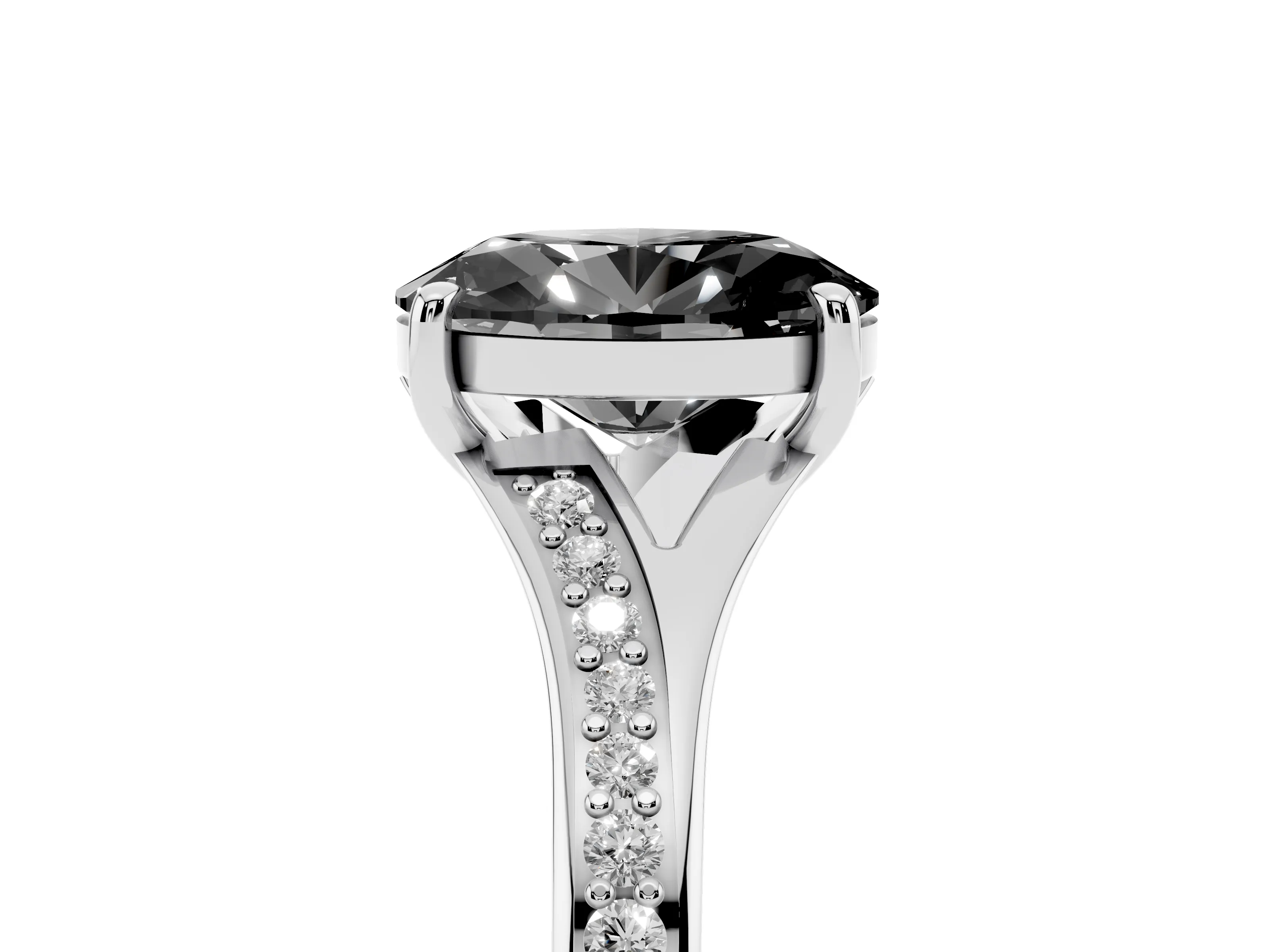 Fancy Black Oval Cut Diamond Solitaire Ring Set in Silver with Pavé Accent Band and Classic Prong Setting