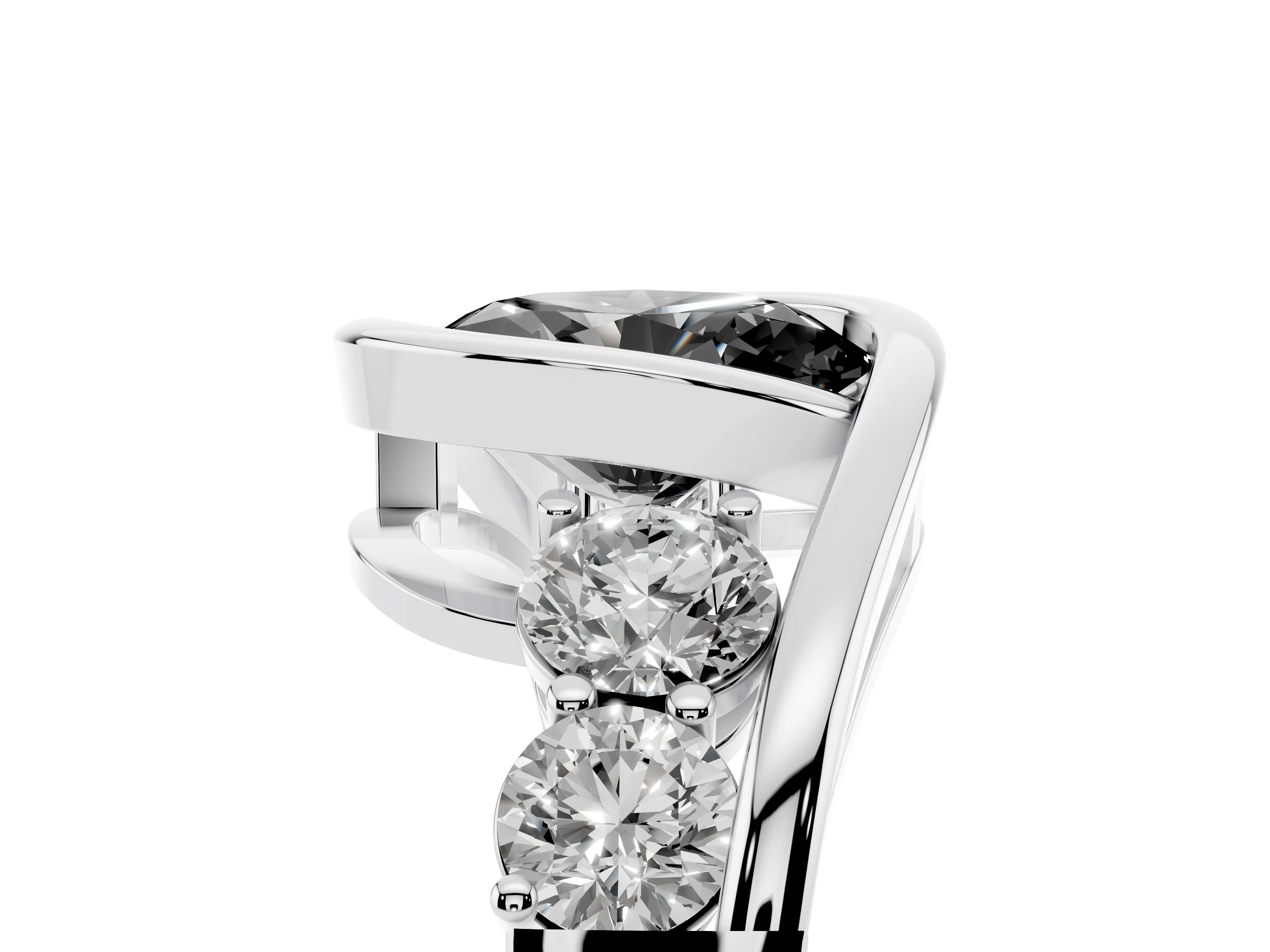 Fancy Black Oval Cut Diamond Bezel Bypass Ring Set in Silver with Round Accents
