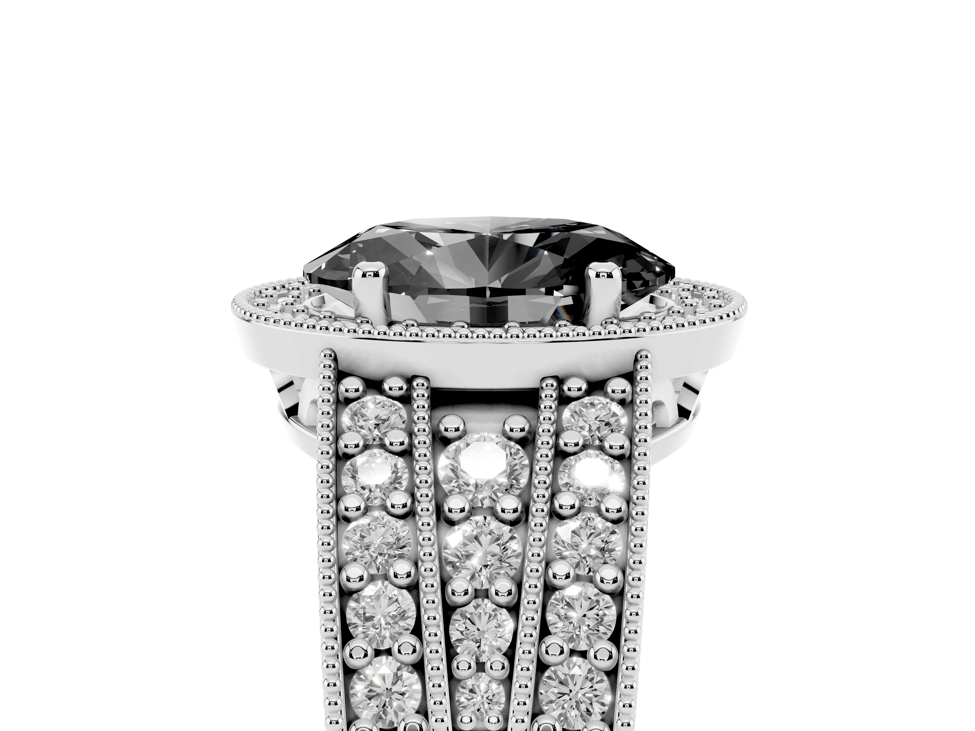 Fancy Black Oval Cut Diamond Halo Ring Set in Platinum with Accent Split Shank and Prong Setting