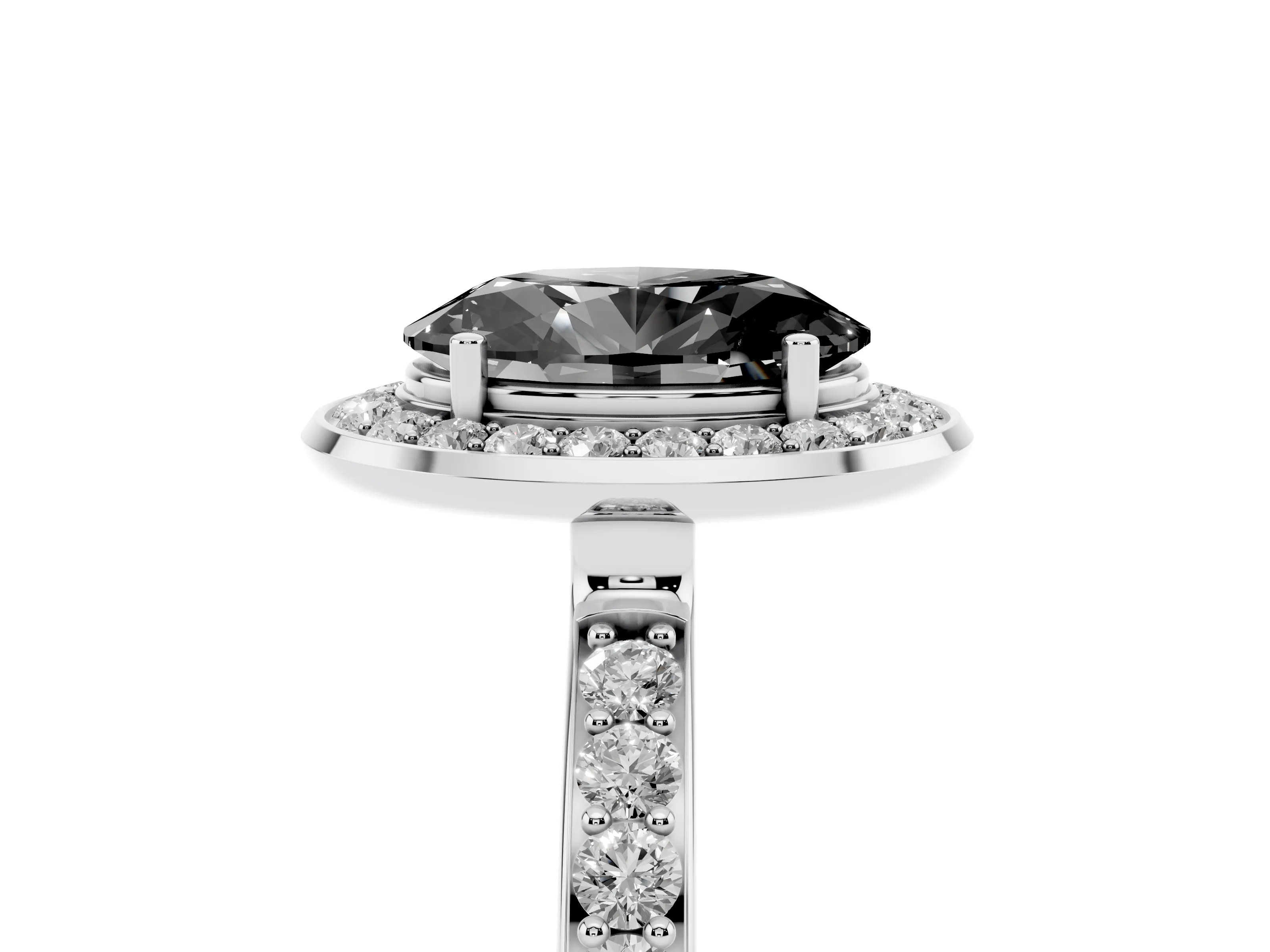 Fancy Black Oval Cut Diamond Halo Ring Set in Platinum with Bezel Frame and Pavé Band