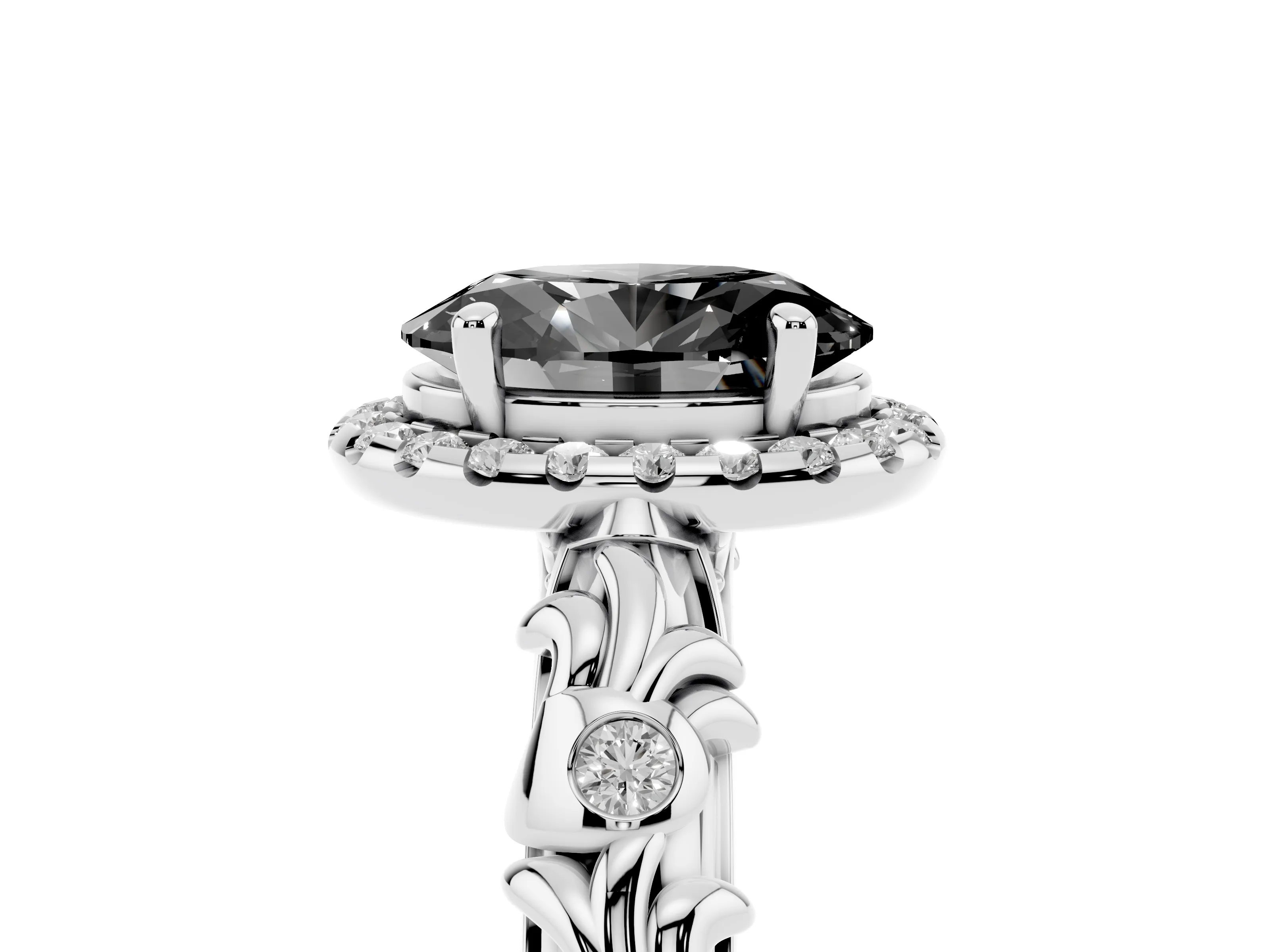 Fancy Black Oval Cut Diamond Halo Ring Set in Silver with Filigree Leaf Band and Prong Setting