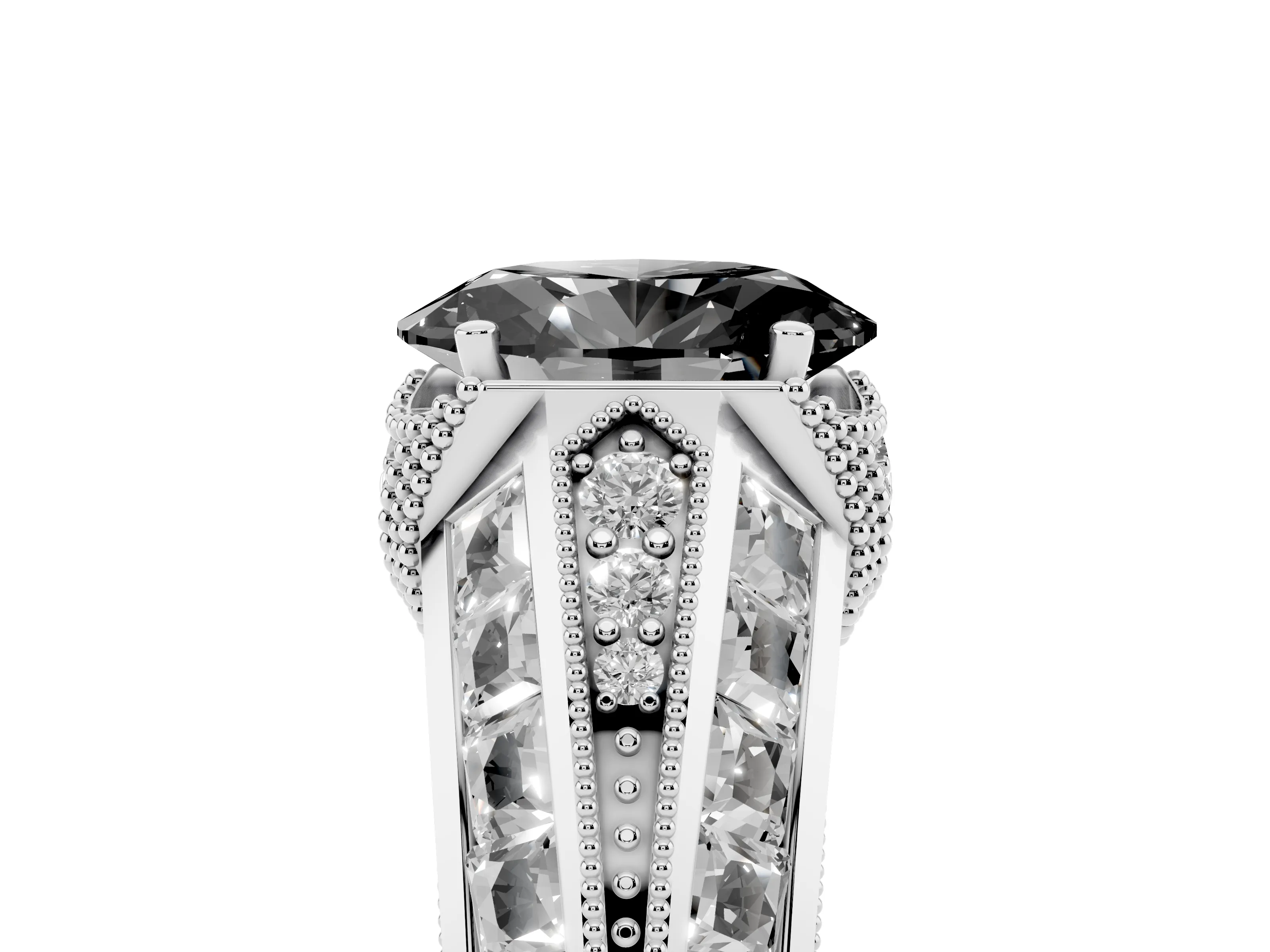Fancy Black Oval Cut Diamond Vintage-Inspired Milgrain Ring Set in Silver with Accent Split Shank