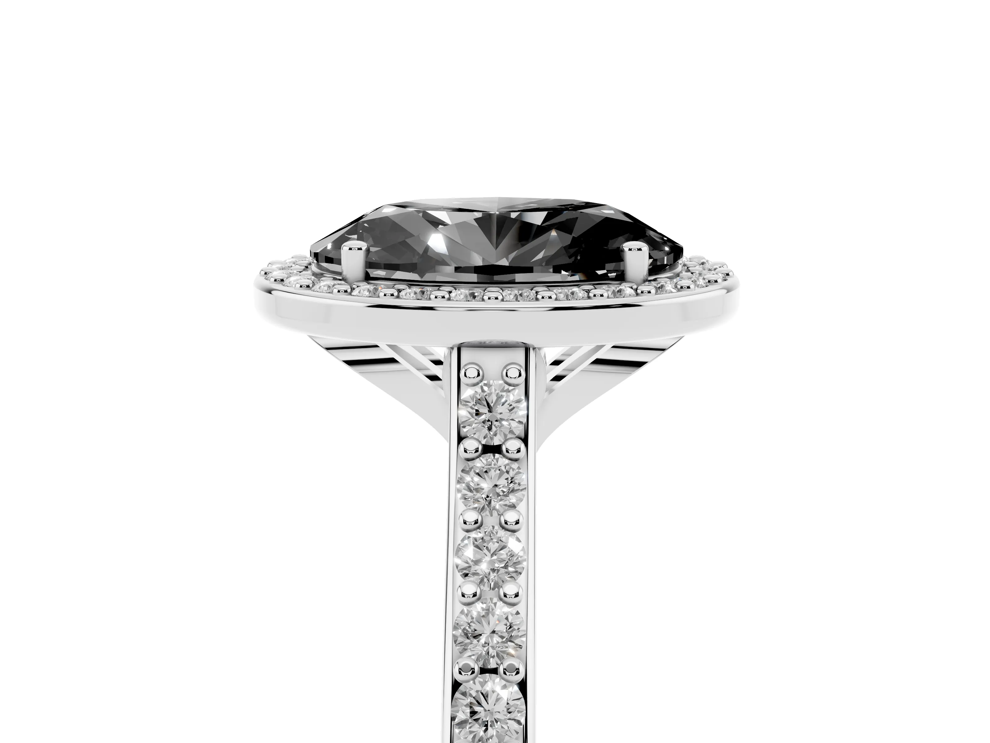 Fancy Black Oval Cut Diamond Halo Engagement Ring Set in White gold with Round Pavé Shoulders and Heart Gallery