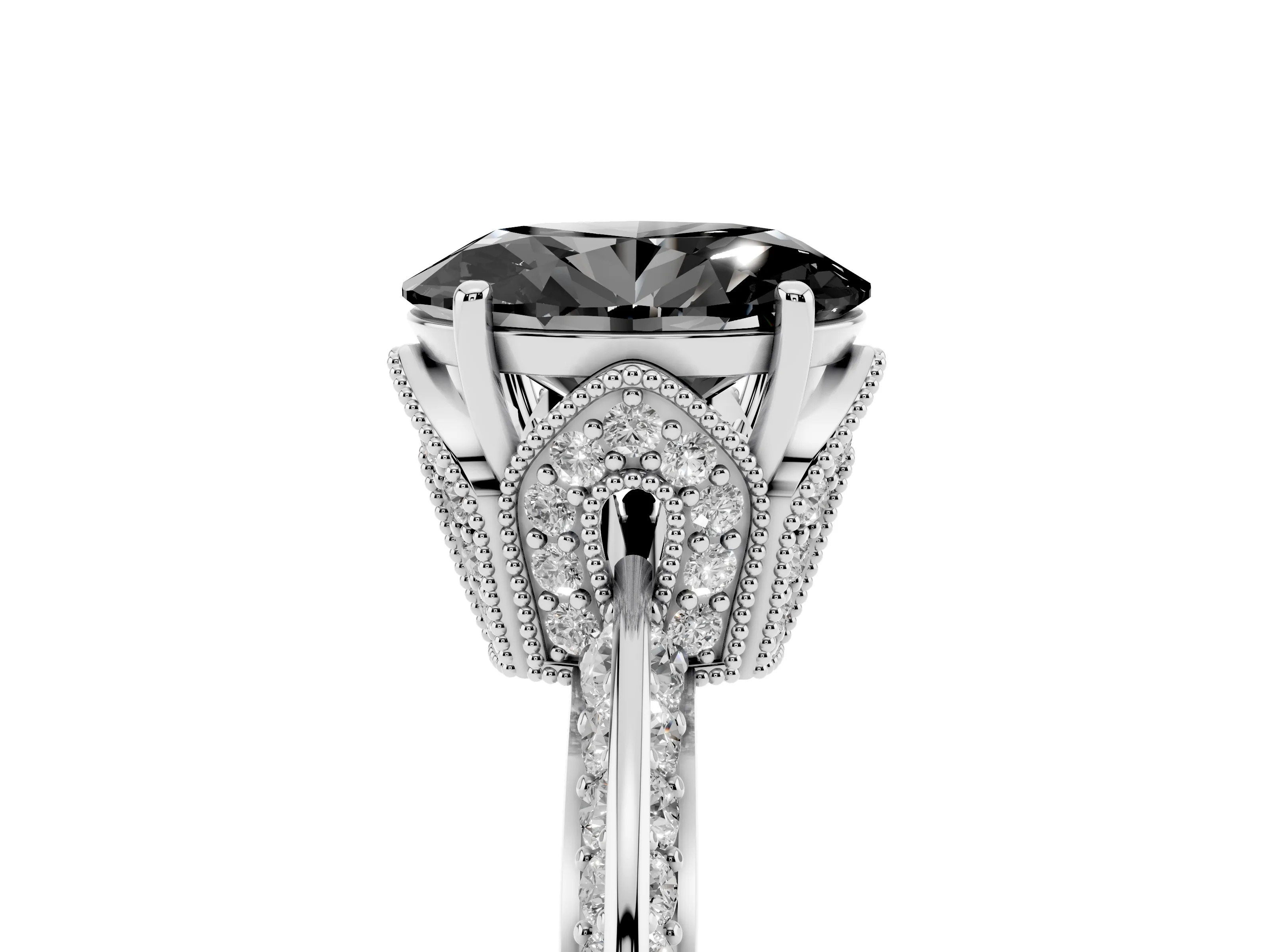 Fancy Black Oval Cut Diamond Solitaire Engagement Ring Set in Platinum with Pavé Split Shank and Prong Setting