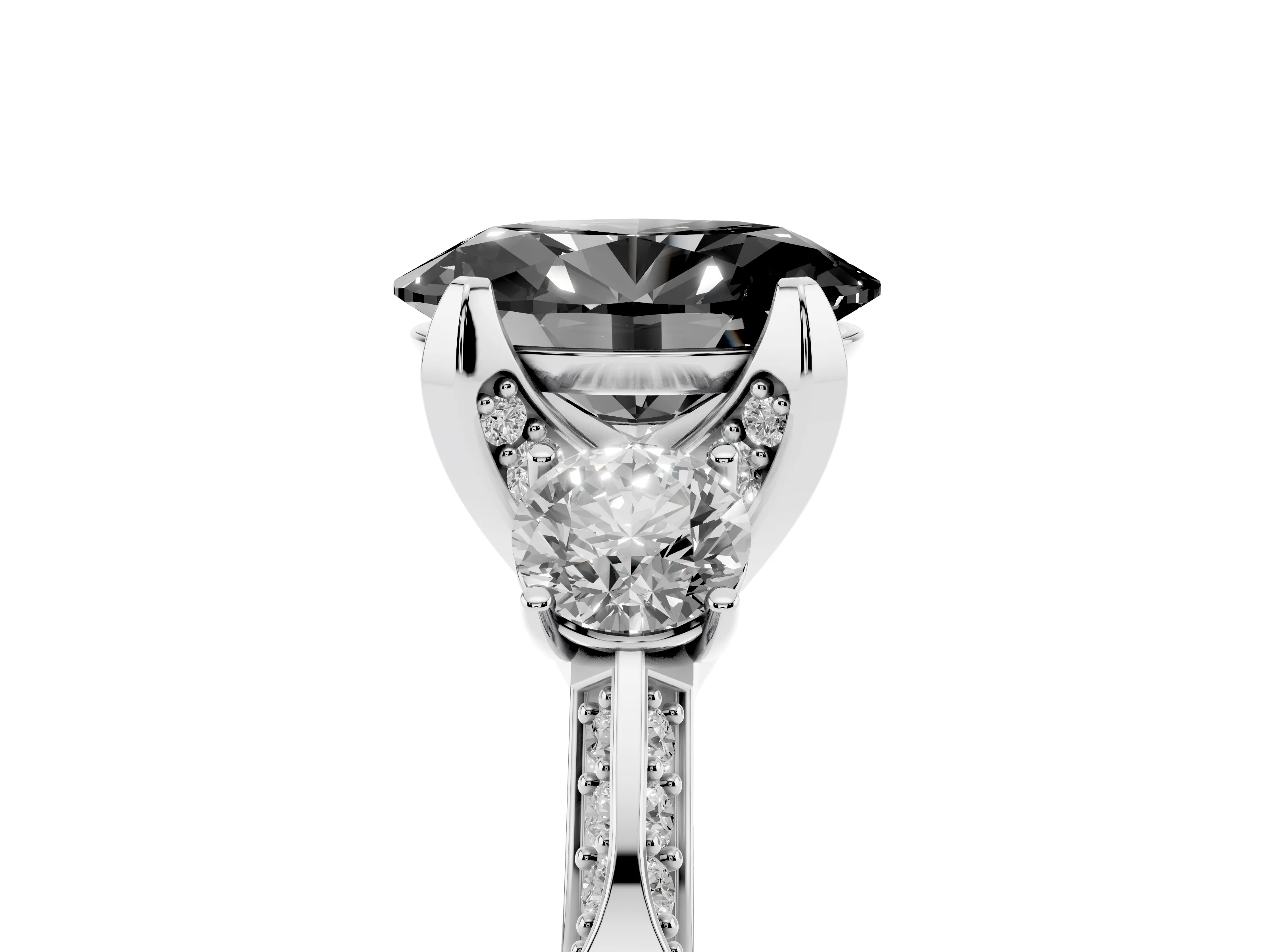 Fancy Black Oval Cut Diamond Three-Stone Ring Set in Platinum with Pavé Band and Smaller Side Stones