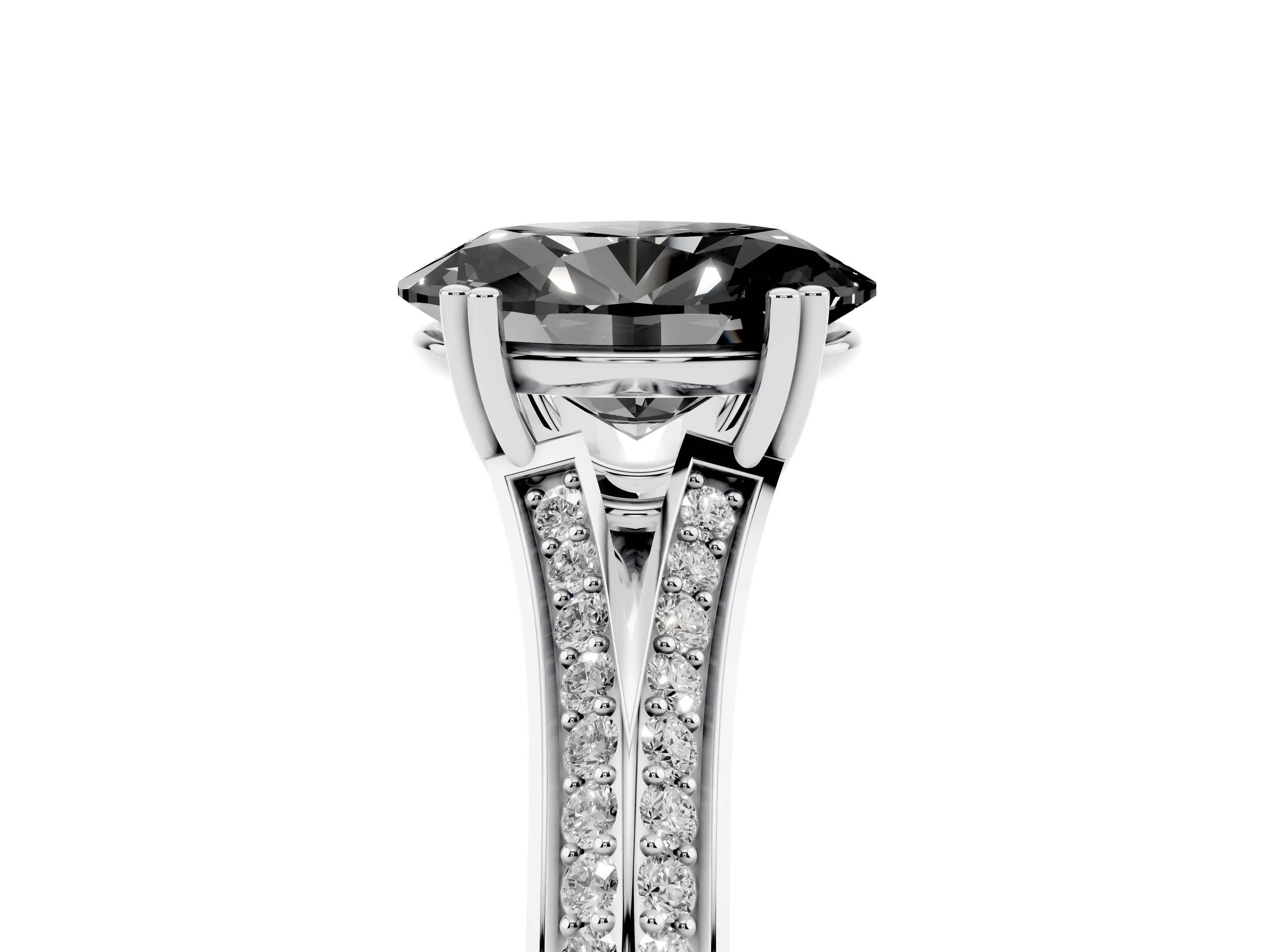 Fancy Black Oval Cut Diamond Split Shank Pavé Engagement Ring Set in Platinum with Prong-Set Center Stone