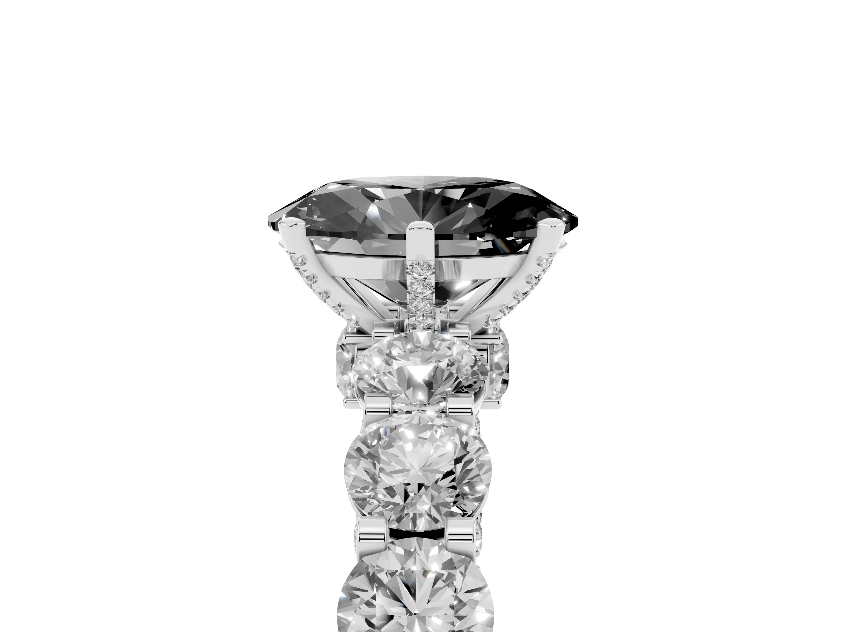 Fancy Black Oval Cut Diamond Side Stone Ring Set in White gold with Alternating Round and Oval Side Stones