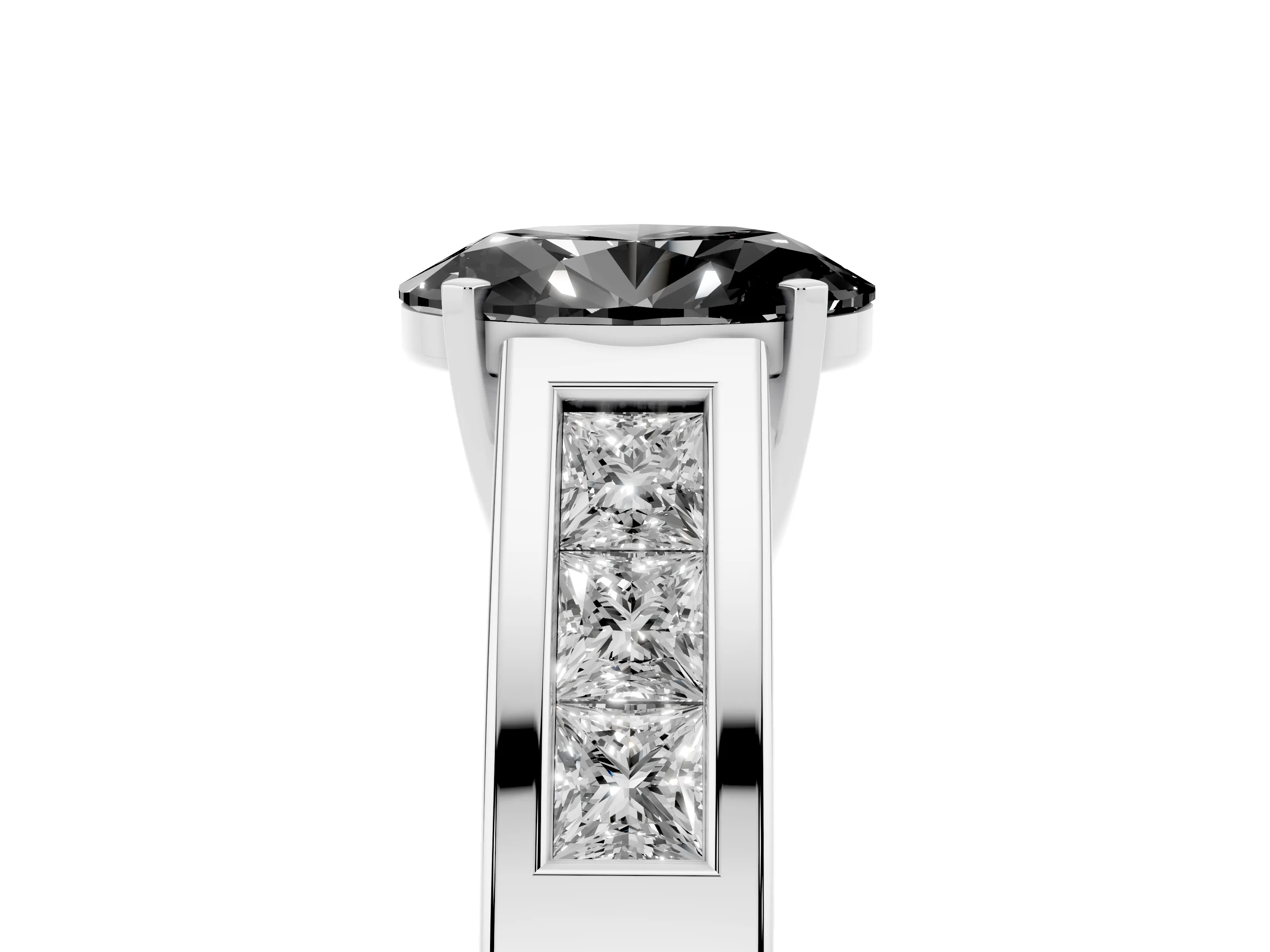 Fancy Black Oval Cut Diamond Solitaire Ring Set in White gold with Channel-Set Accent Stones and Prong Setting