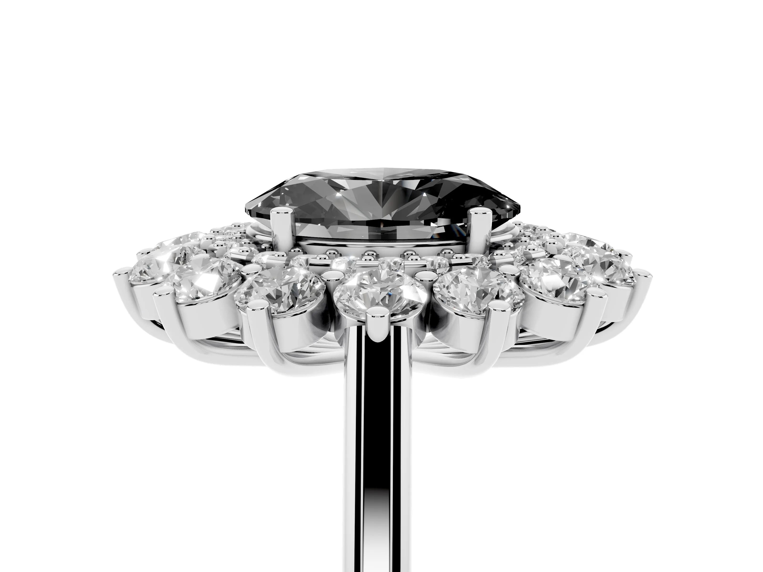 Fancy Black Oval Cut Diamond Floral Double Halo Ring Set in White gold with Round Petals