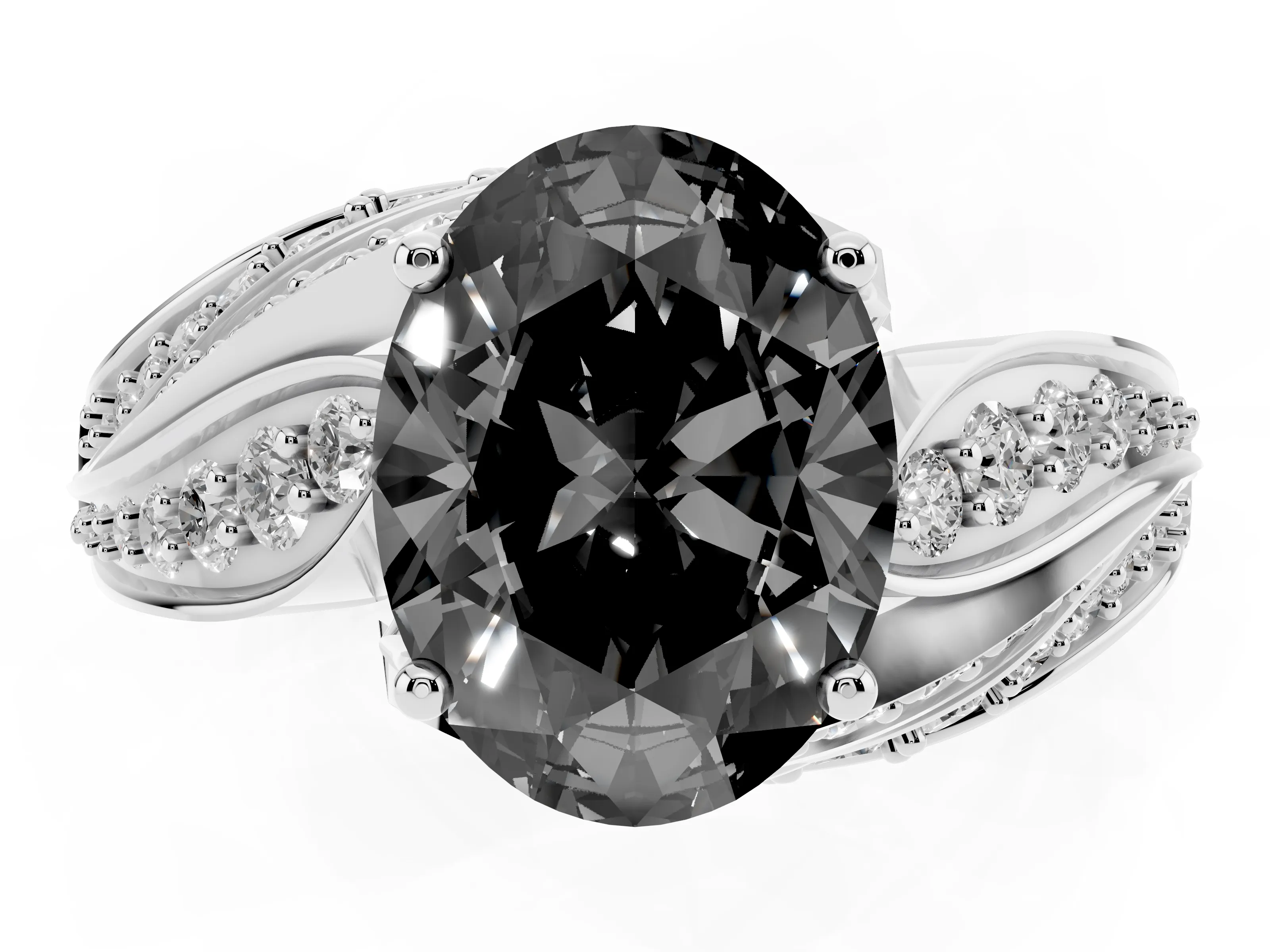 Fancy Black Oval Cut Diamond Solitaire Ring Set in White gold with Layered Twist Pavé Band