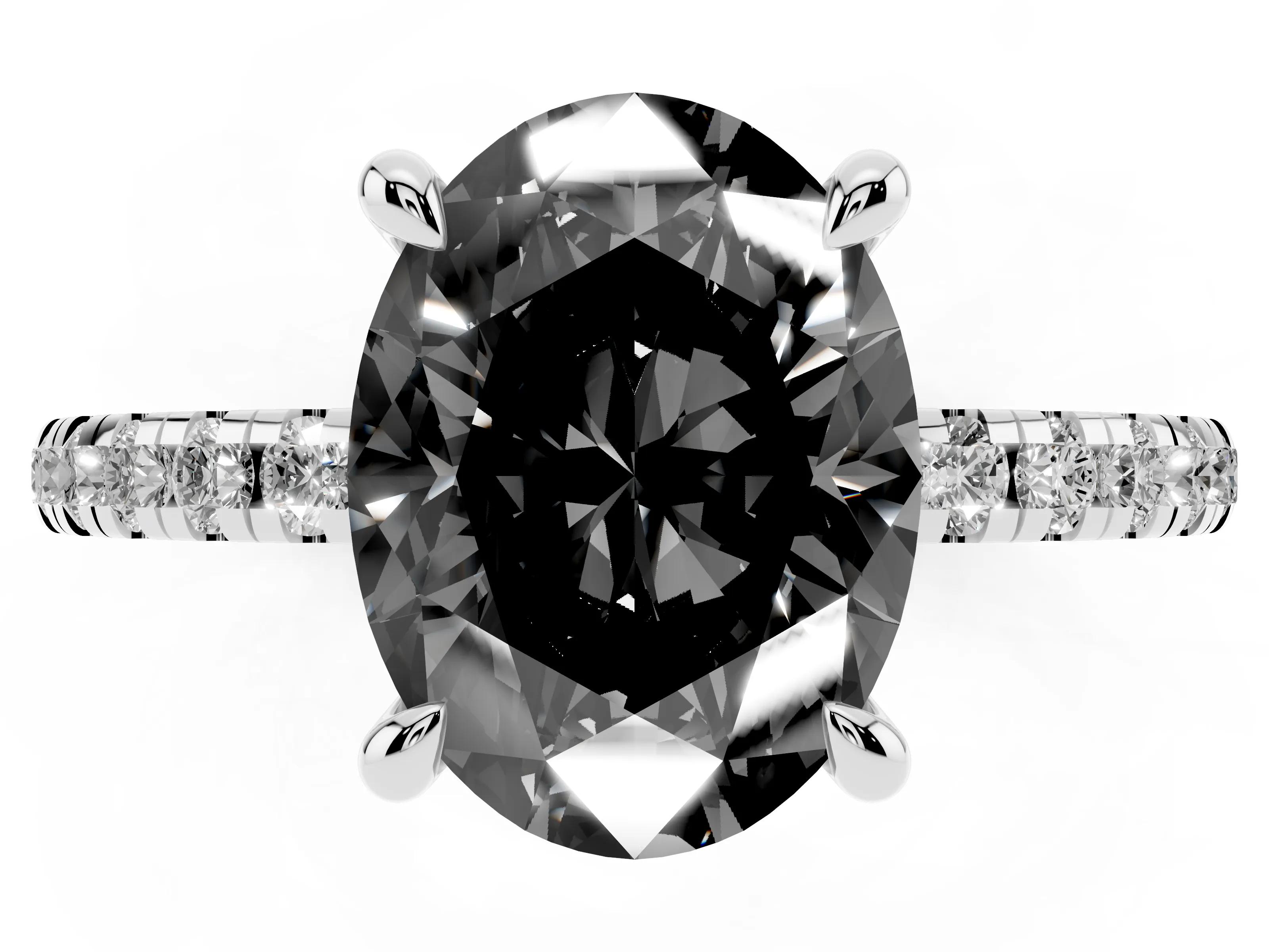 Fancy Black Oval Cut Diamond Brilliant Solitaire Ring Set in White gold with Pavé Band and Prong Setting