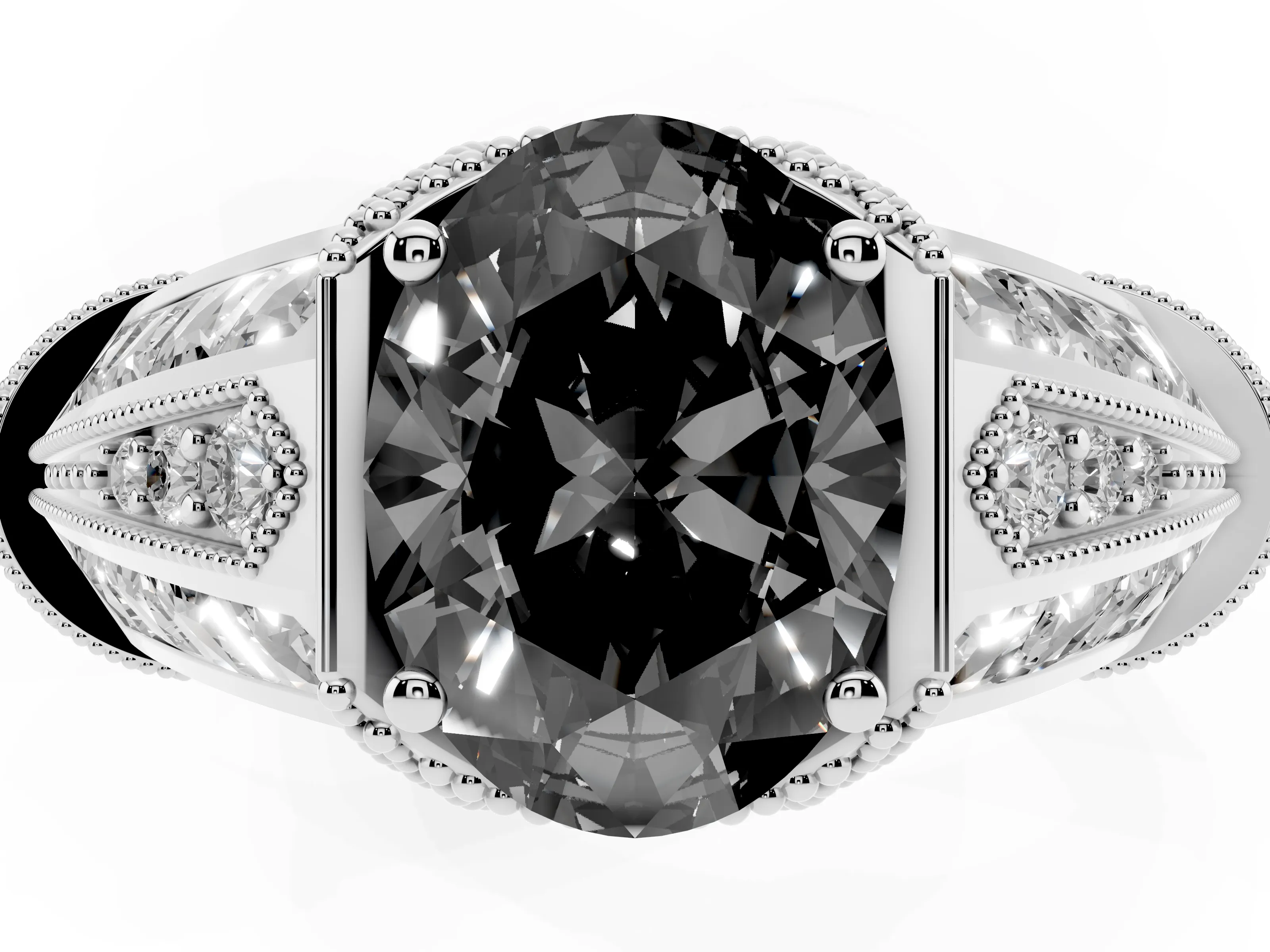 Fancy Black Oval Cut Diamond Vintage-Inspired Milgrain Ring Set in Silver with Accent Split Shank