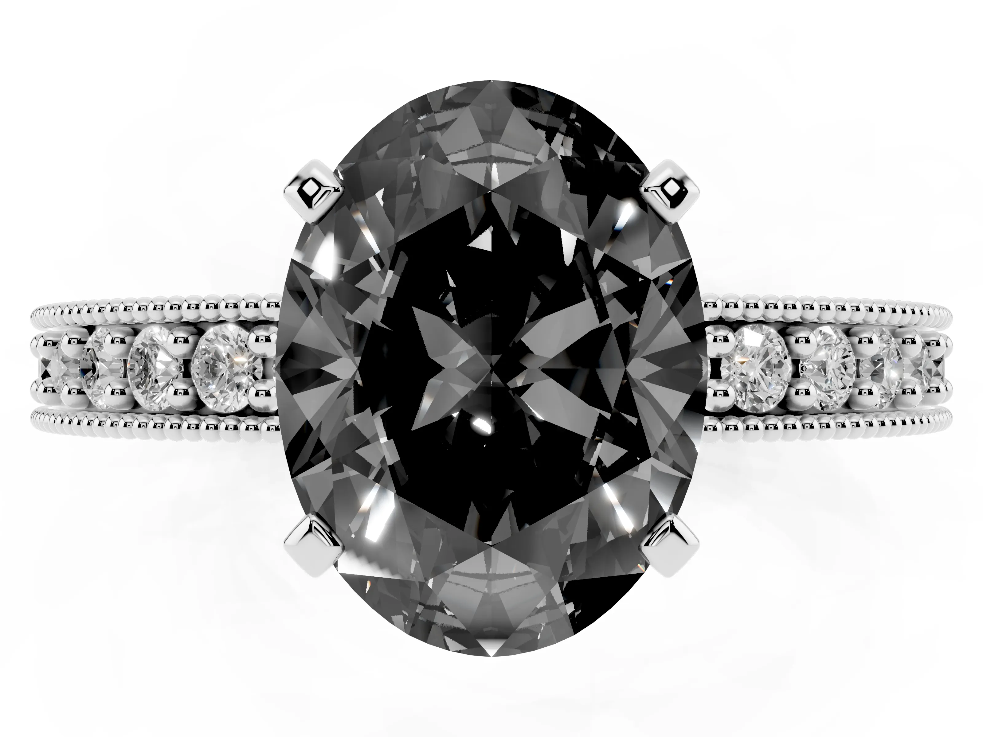 Fancy Black Oval Cut Diamond Milgrain Pavé Engagement Ring Set in Silver with Prong Setting