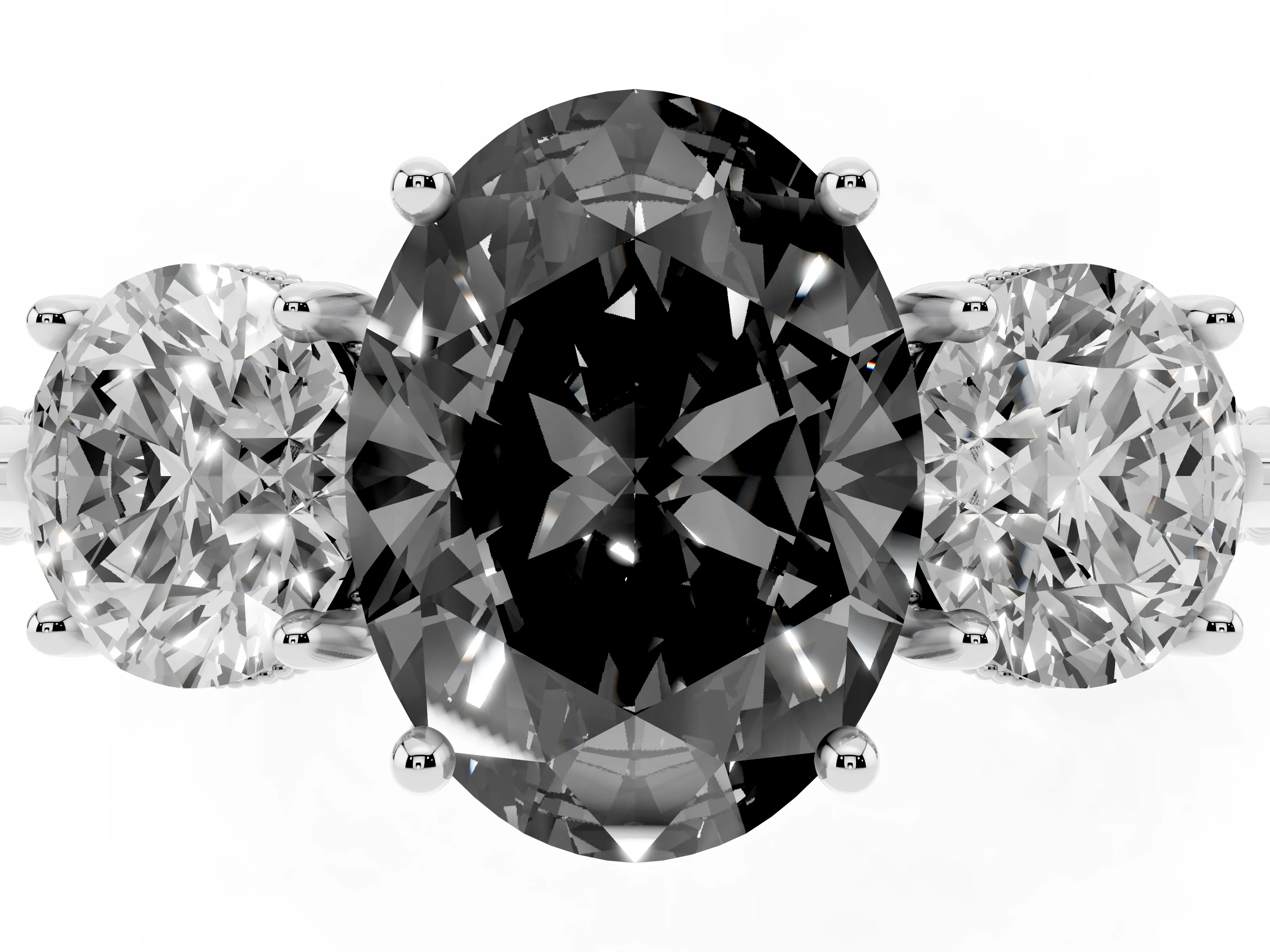 Fancy Black Oval Cut Diamond Three-Stone Ring Set in Silver with Milgrain Band
