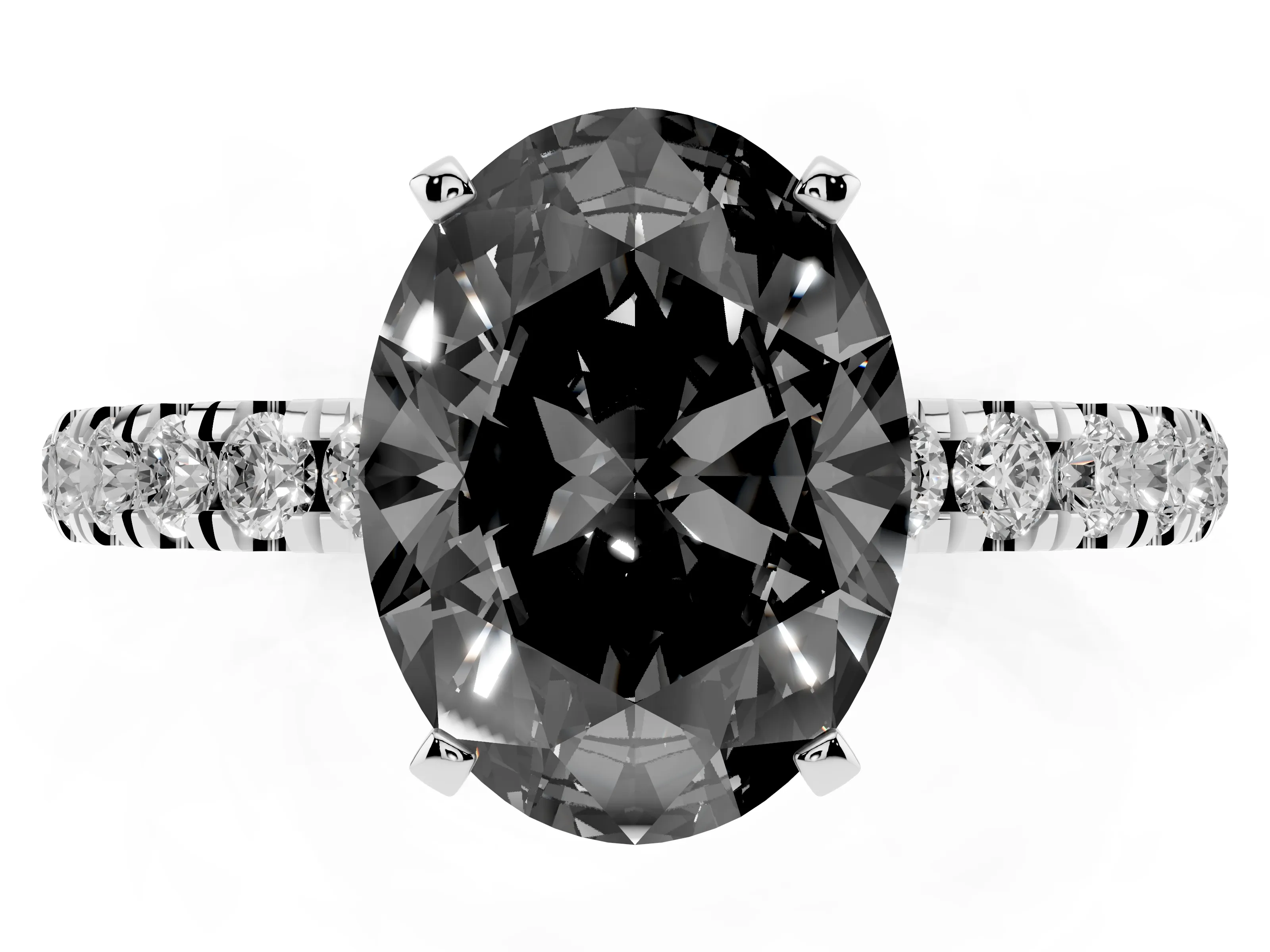 Fancy Black Oval Cut Diamond Solitaire Ring Set in Silver with Pavé Accents and Prong Setting