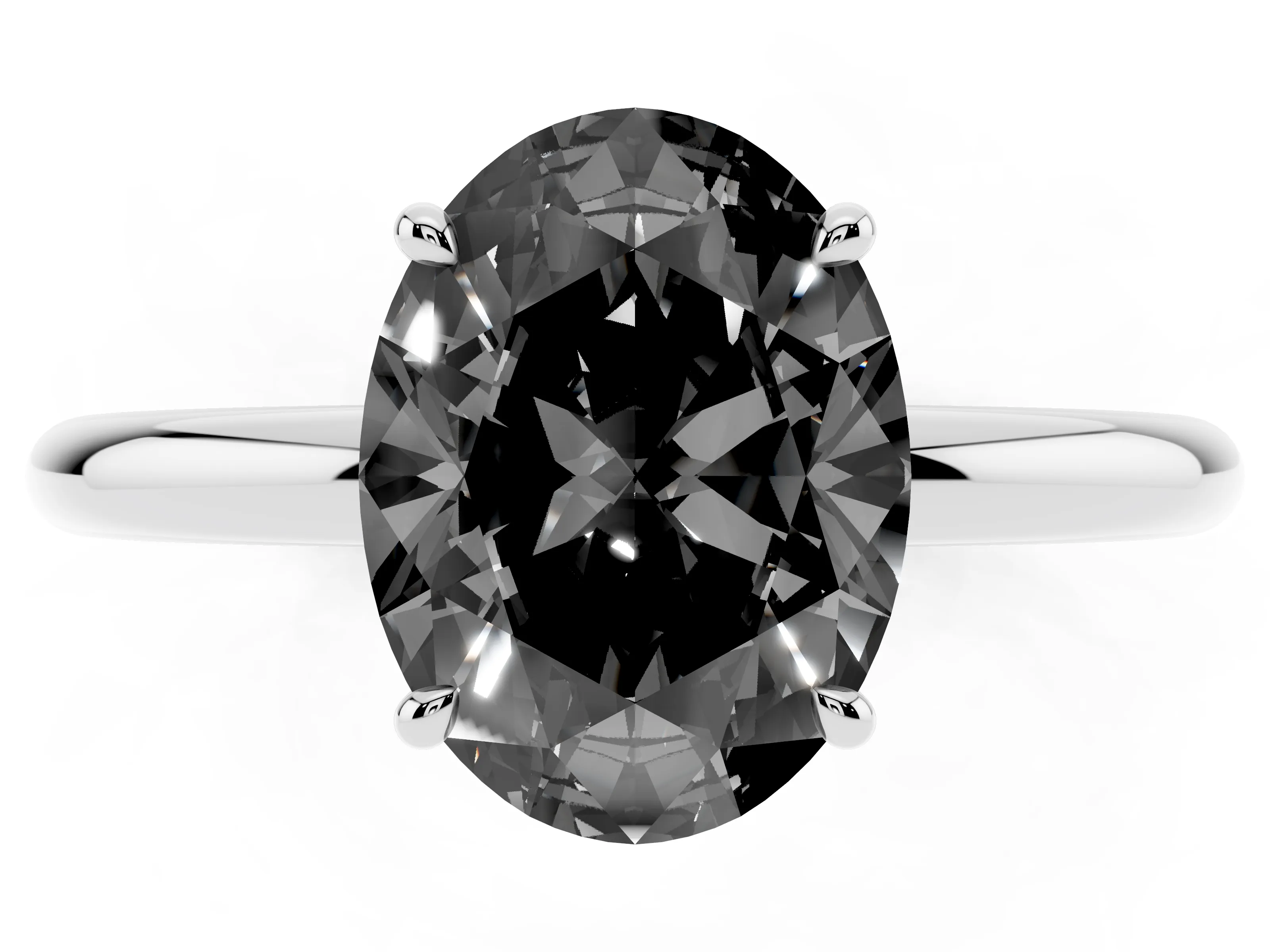 Fancy Black Oval Cut Diamond Solitaire Ring Set in Silver with Thin Band and Prong Setting