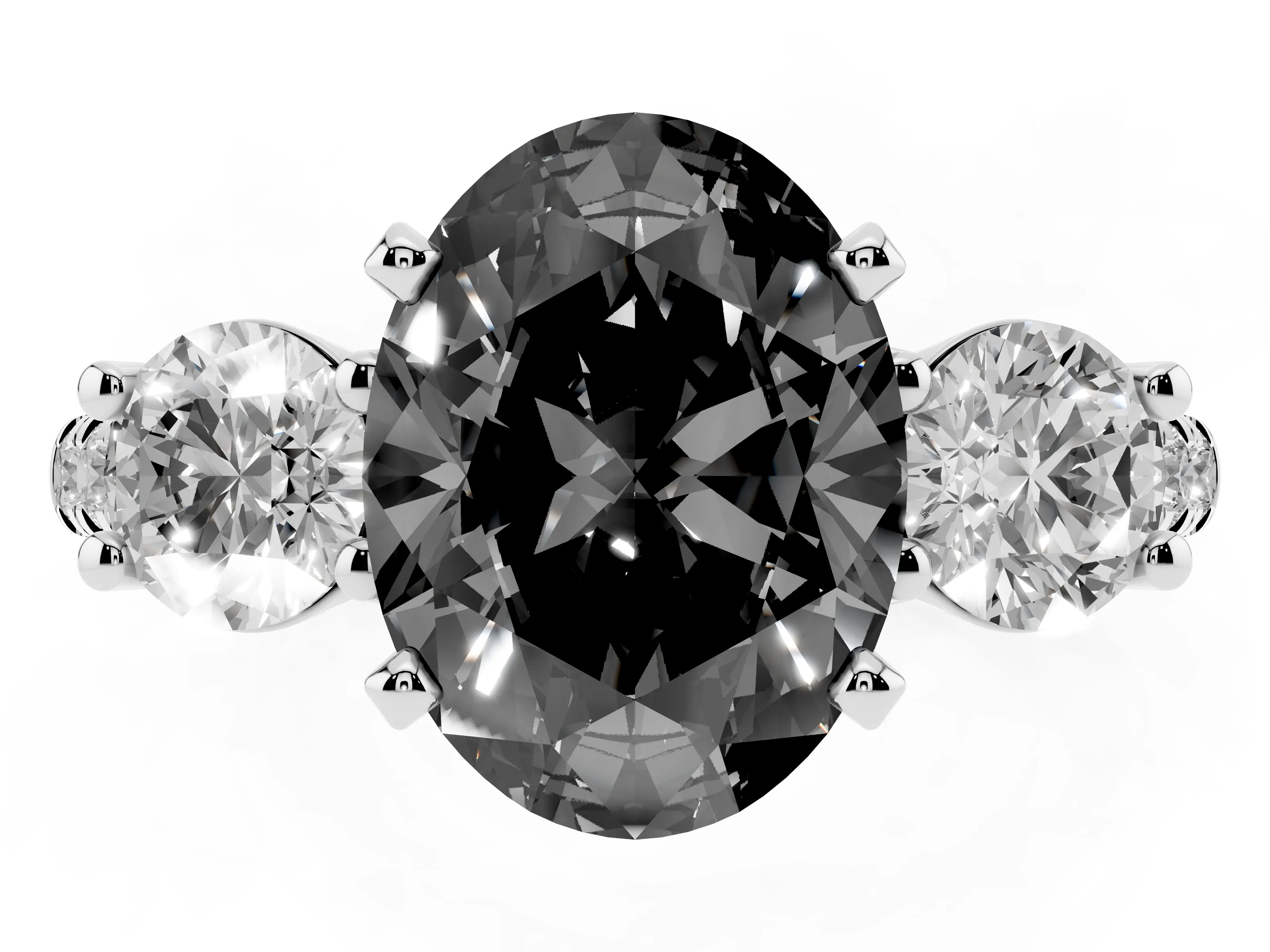 Fancy Black Three-Stone Oval Cut Diamond Pavé Band Ring Set in White gold with Prong-Set Trio