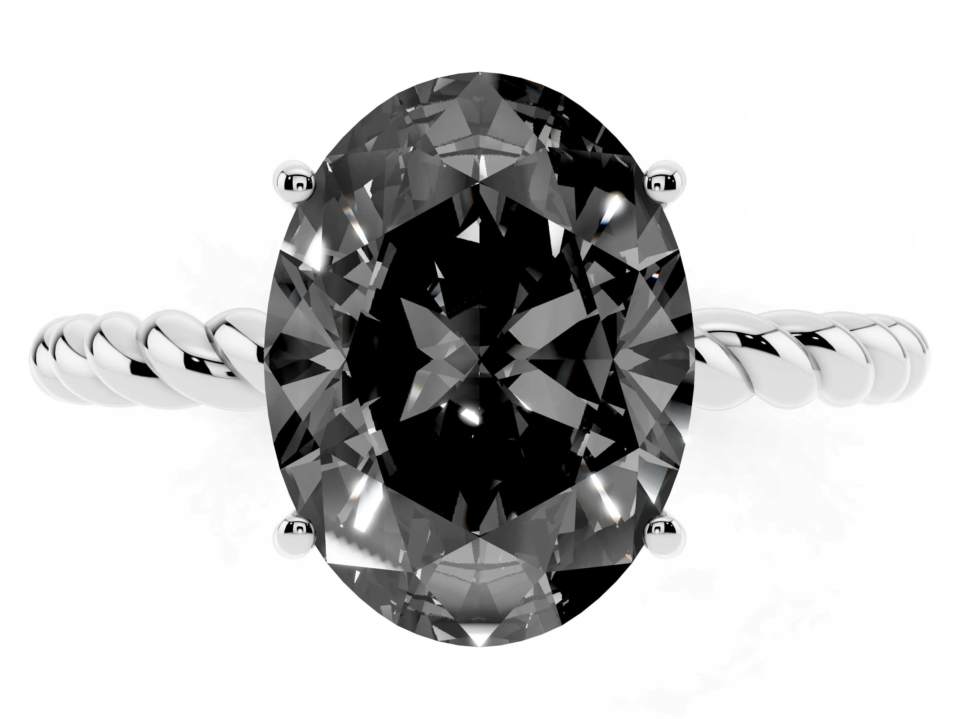Fancy Black Oval Cut Diamond Solitaire Twisted Band Ring Set in White gold with Prong Solitaire Setting