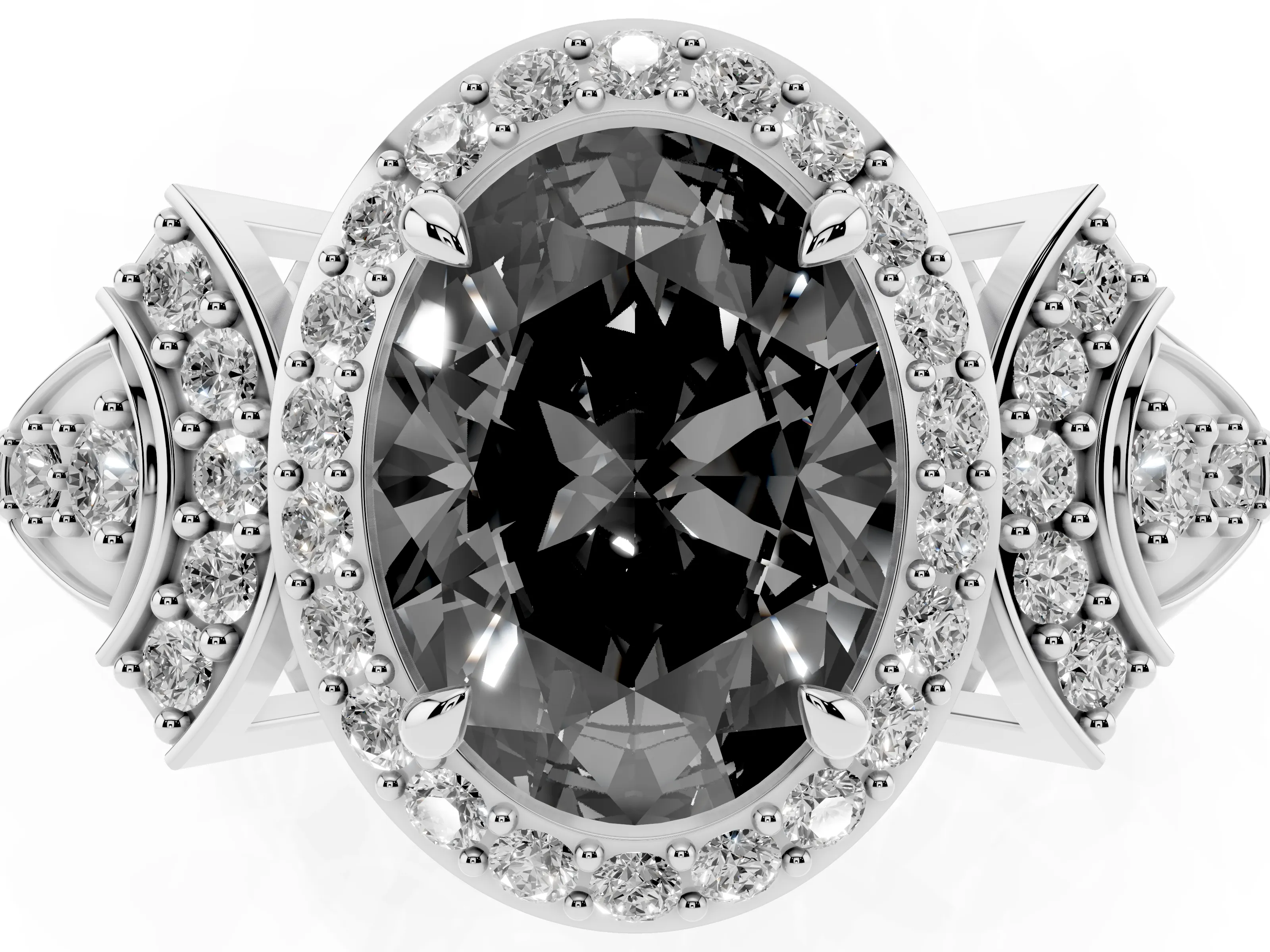Fancy Black Oval Cut Diamond Halo Engagement Ring Set in Platinum with Accent Stone Split Shank