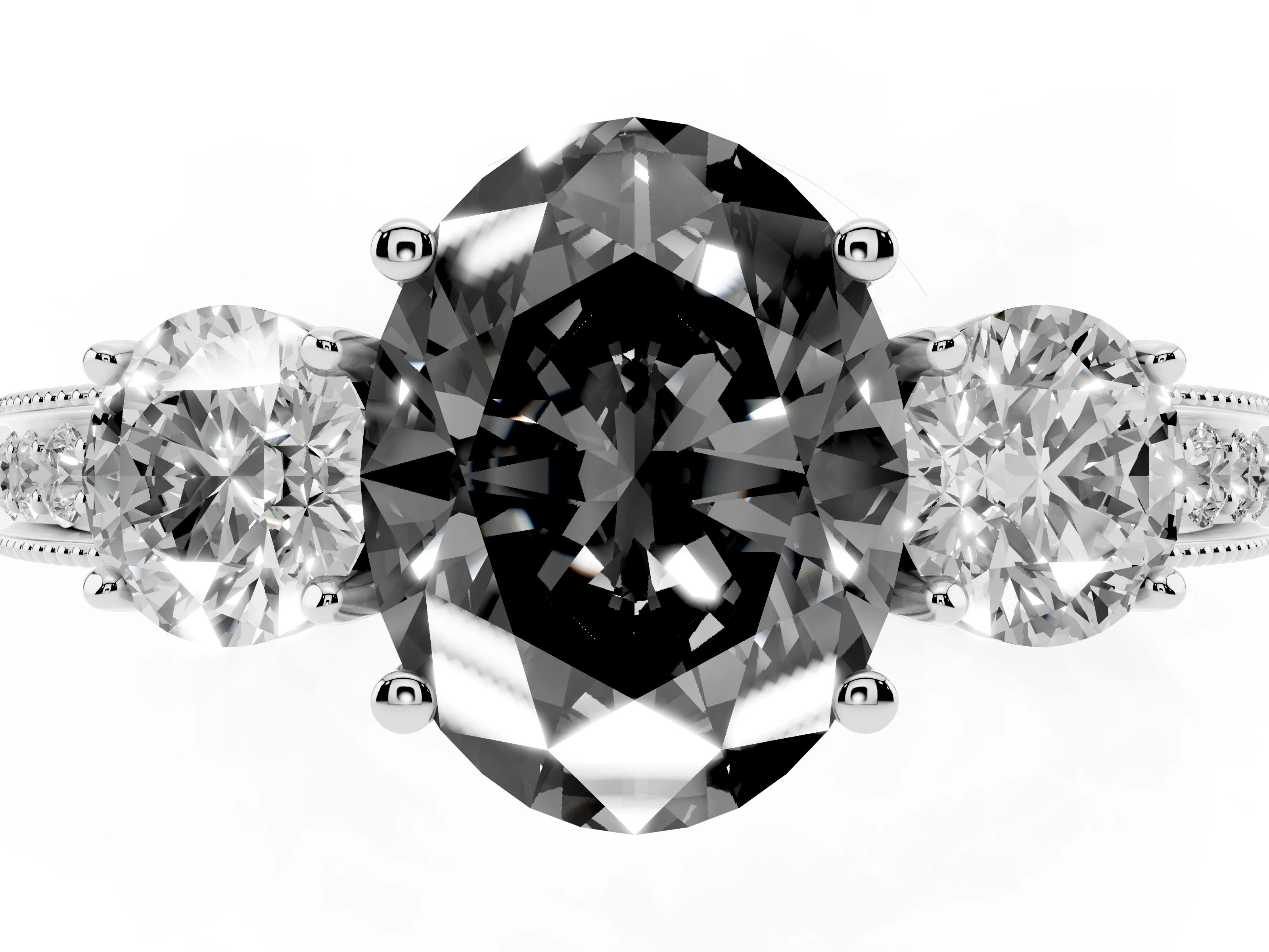 Fancy Black Oval Cut Diamond Three-Stone Ring Set in Silver with Round Side Stones and Pavé Band