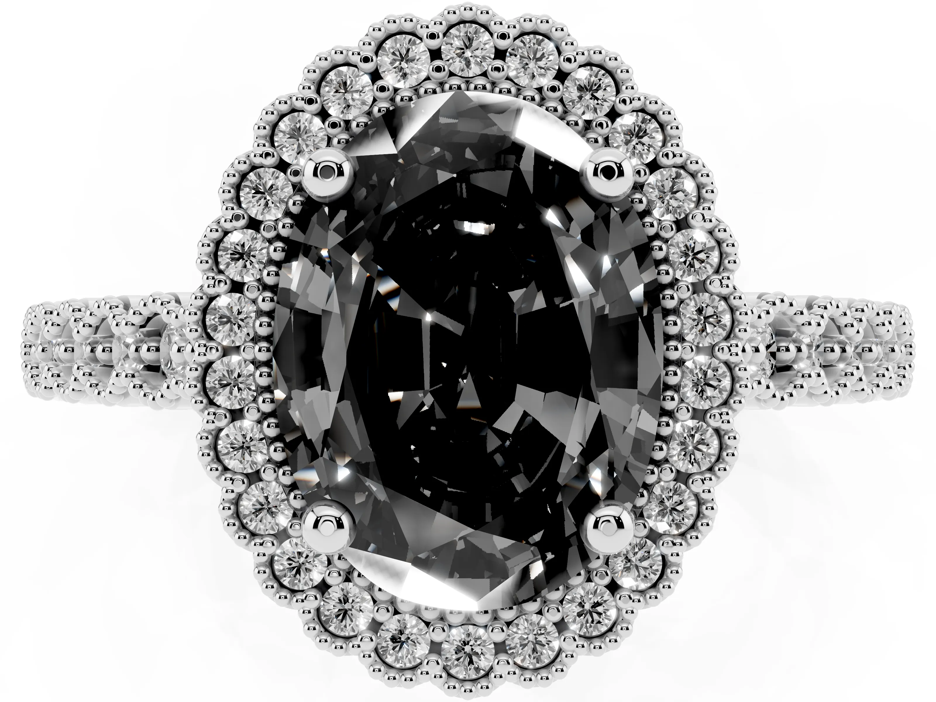 Fancy Black Oval Cut Diamond Halo Ring Set in Platinum with Pavé Milgrain Band