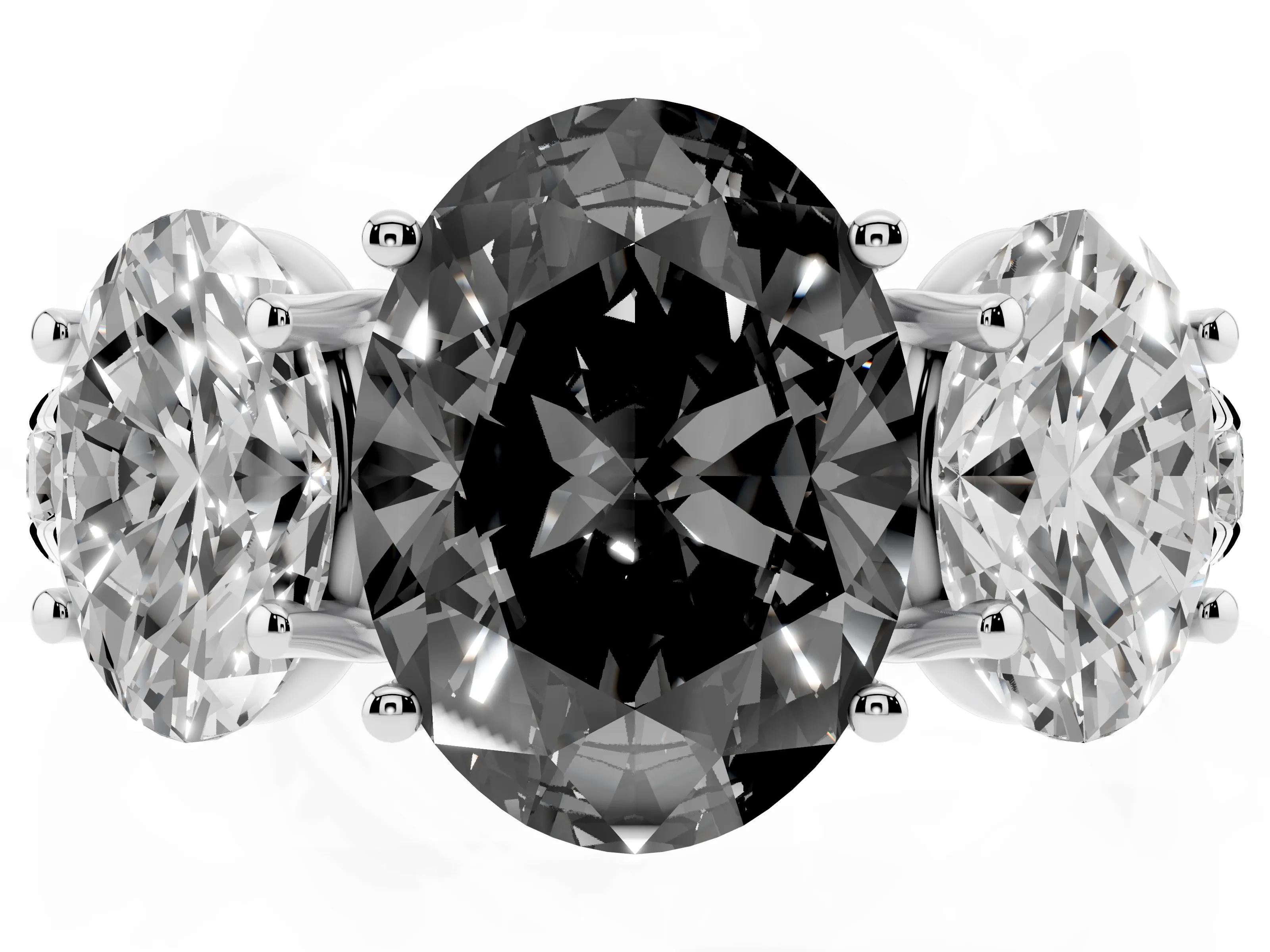 Fancy Black Oval Cut Diamond Three-Stone Ring Set in Platinum with Pavé Band