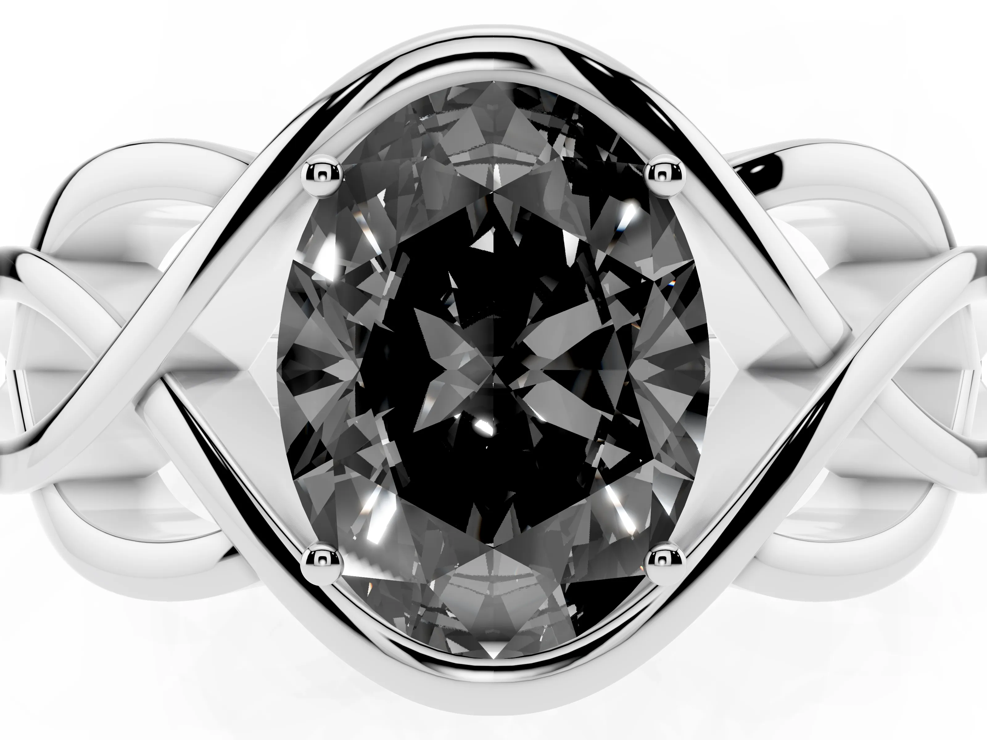 Fancy Black Oval Cut Diamond Solitaire Ring Set in Platinum with Intertwined Band