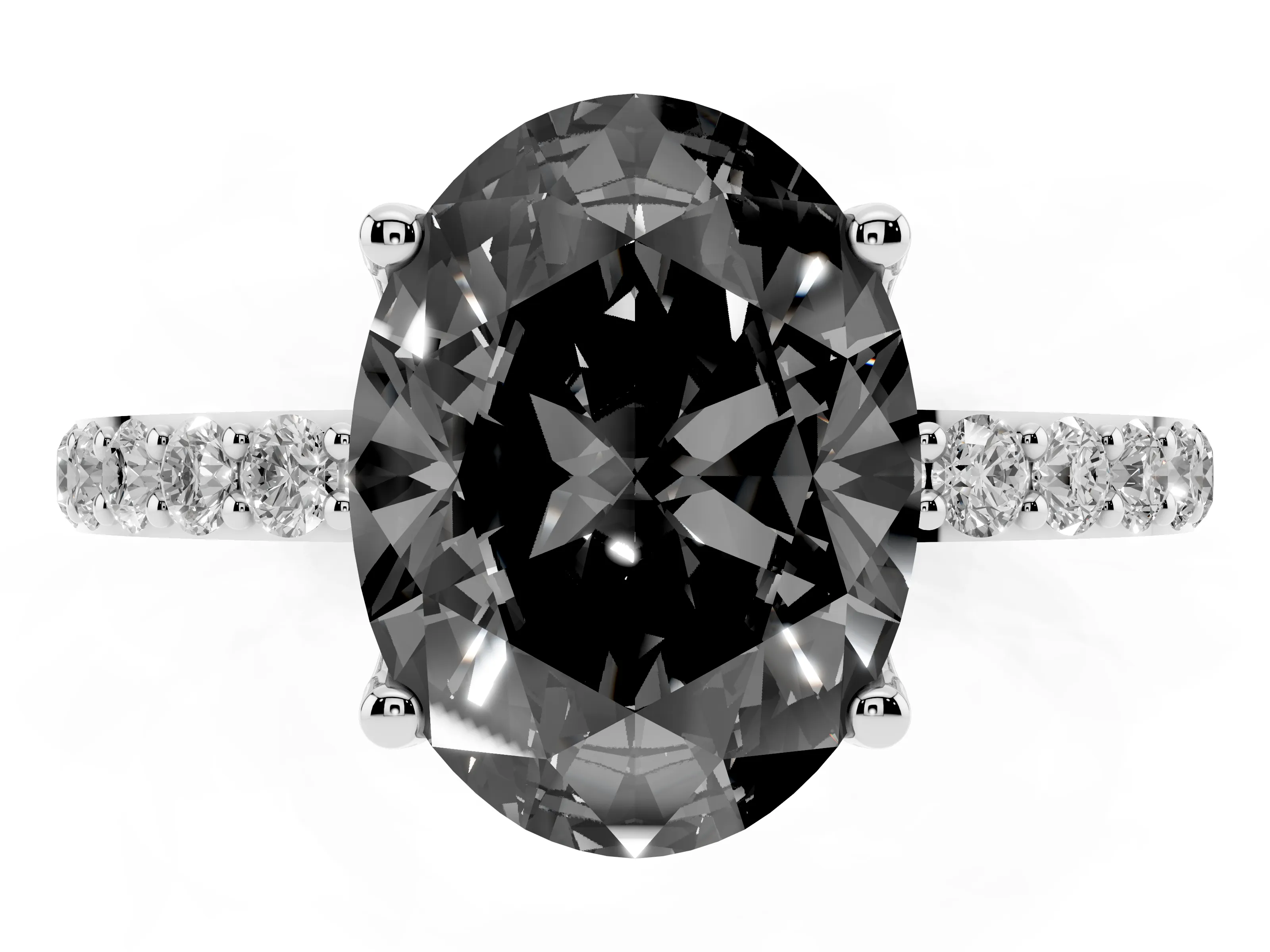 Fancy Black Oval Cut Diamond Solitaire Engagement Ring Set in Silver with Round Pavé Band and Prong Setting