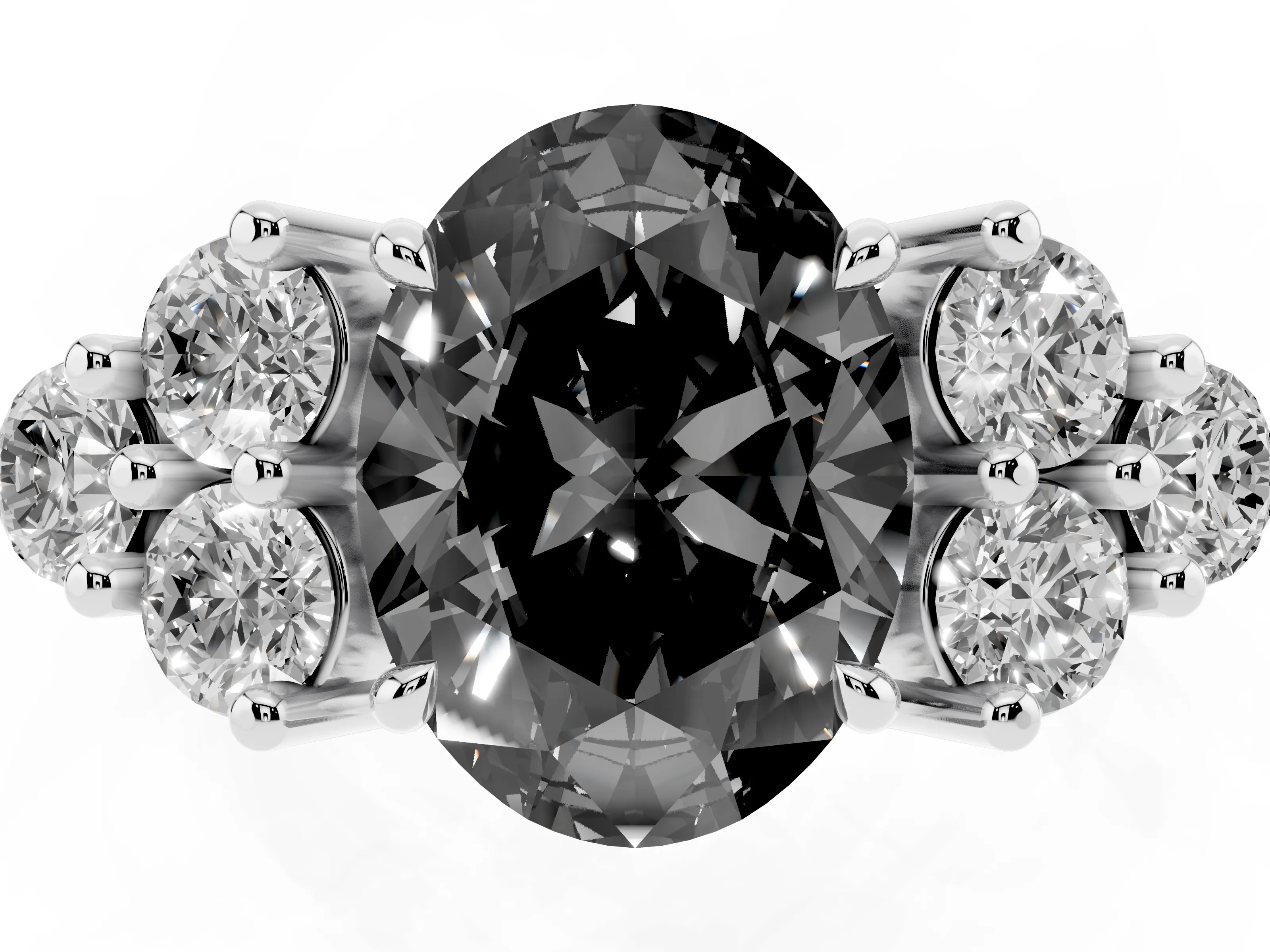 Fancy Black Oval Cut Diamond Solitaire Ring Set in Silver with Cluster Accents on Each Side