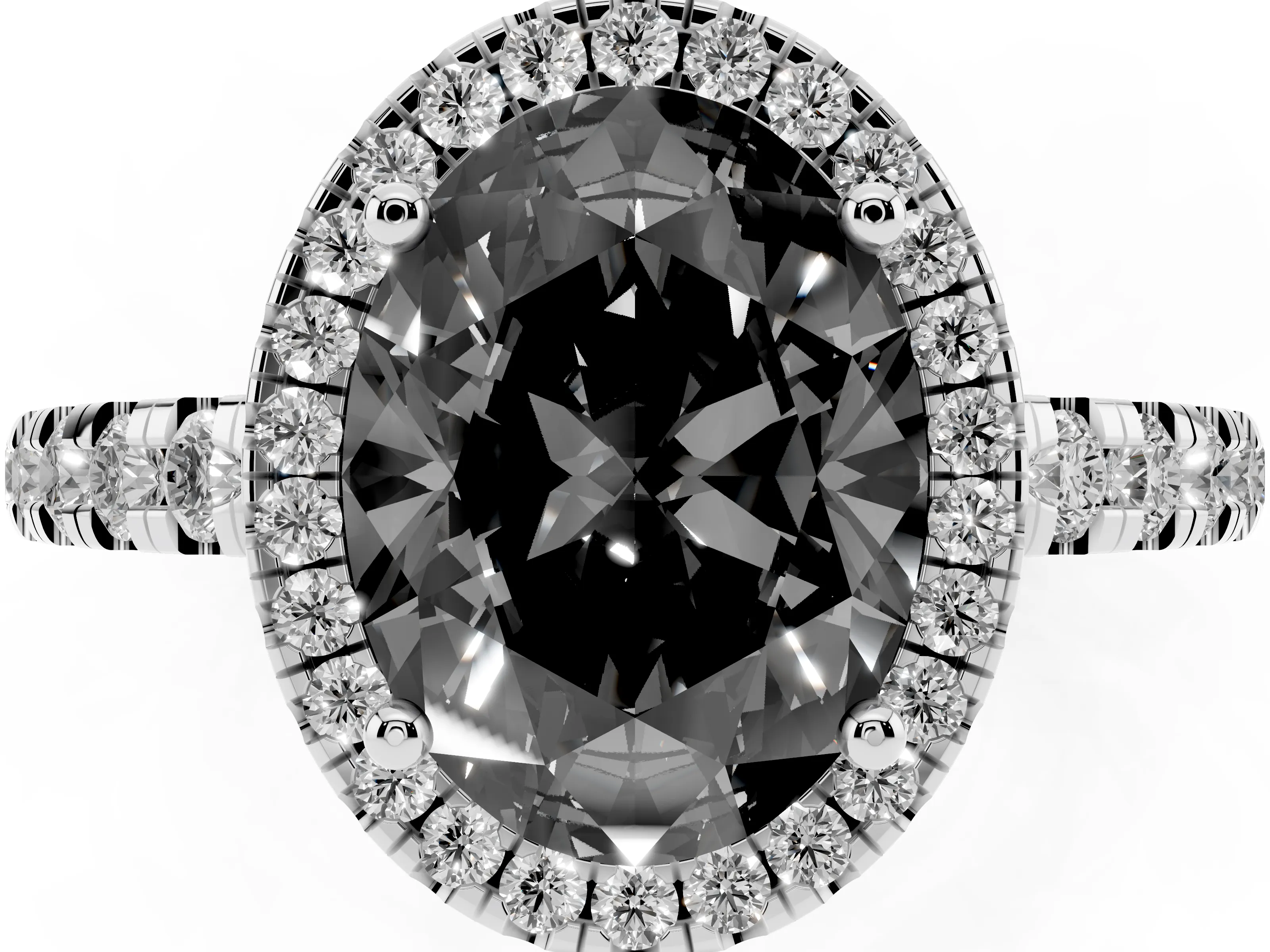 Fancy Black Oval Cut Diamond Halo Ring Set in Silver with Delicate Pavé Band and Prong Setting