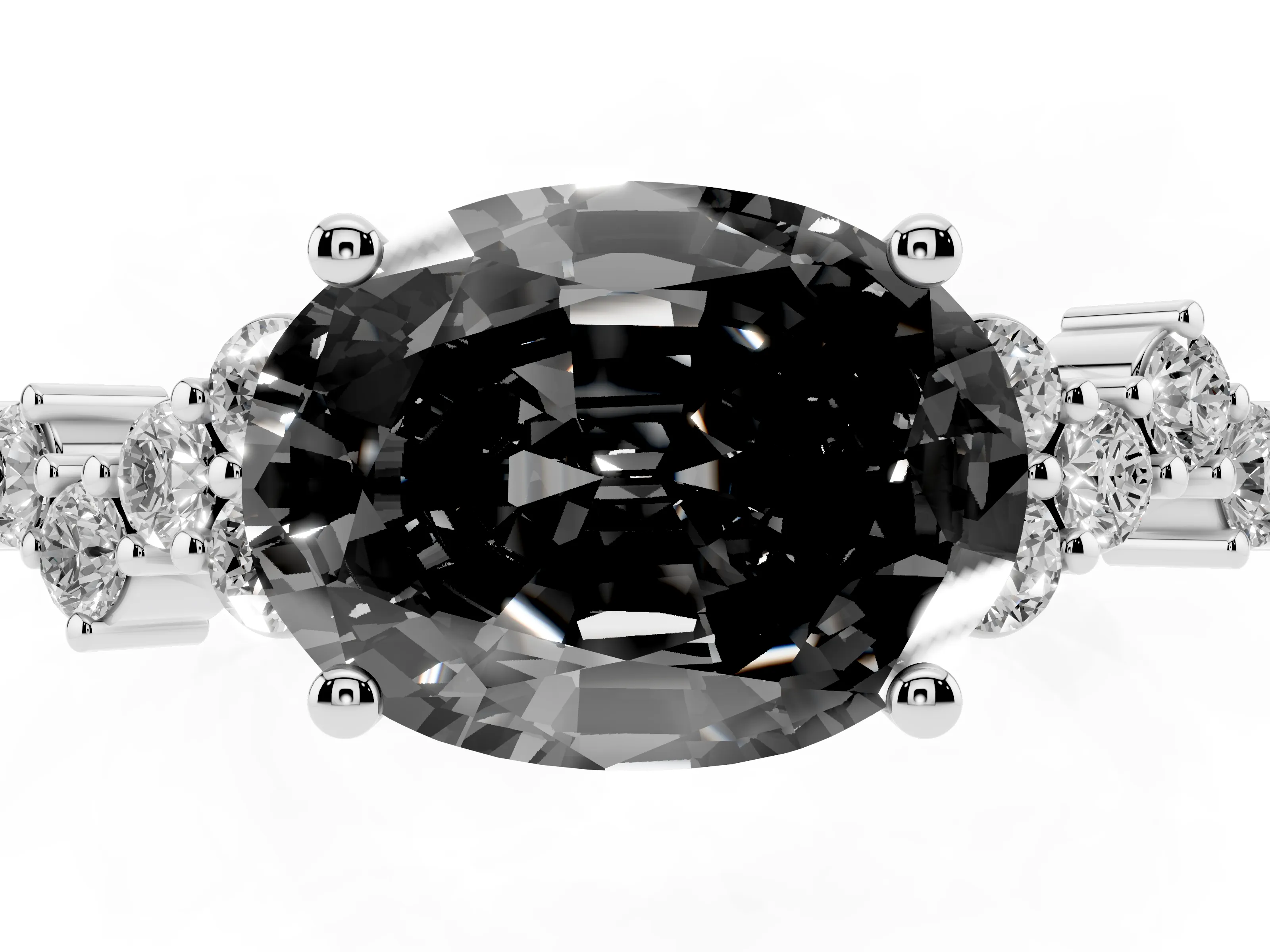 Fancy Black Oval Cut Diamond Ring Set in Silver with Scattered Round Accents