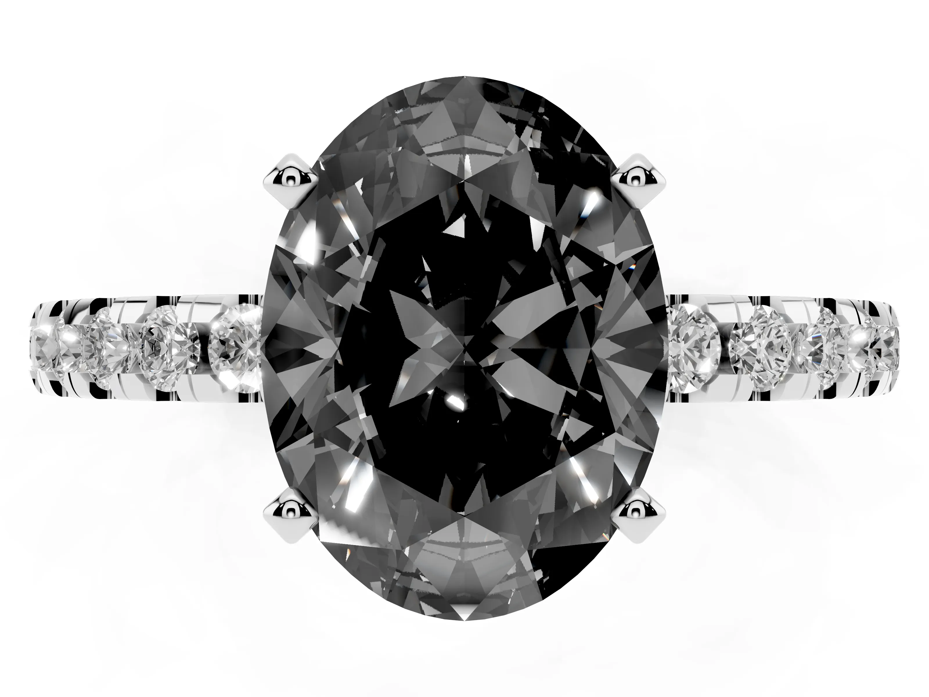 Fancy Black Oval Cut Diamond Pavé Solitaire Ring Set in Silver with Round Band Accents and Prong Setting