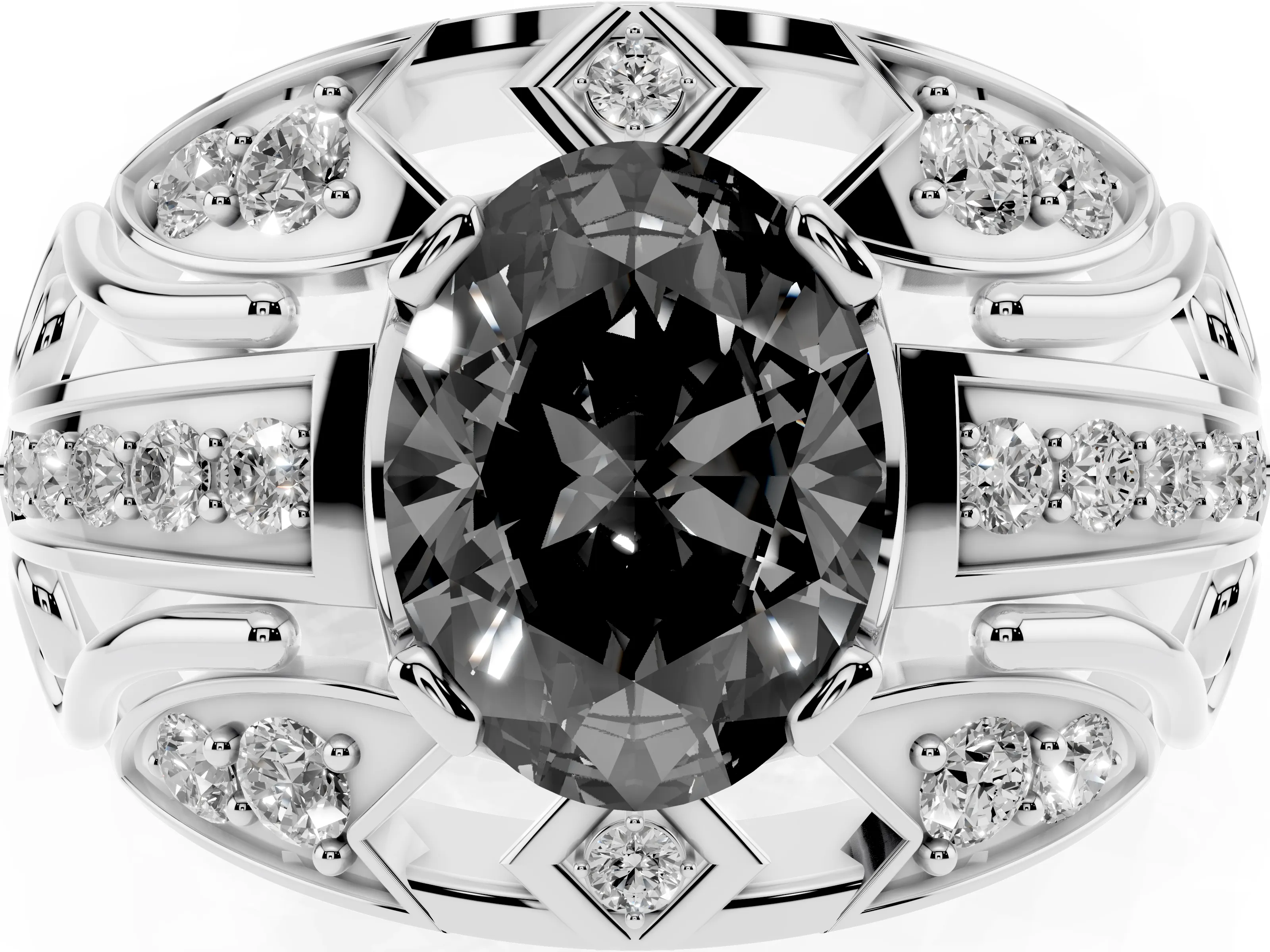 Fancy Black Oval Cut Diamond Art Deco Ring Set in Silver with Pavé Split Shank
